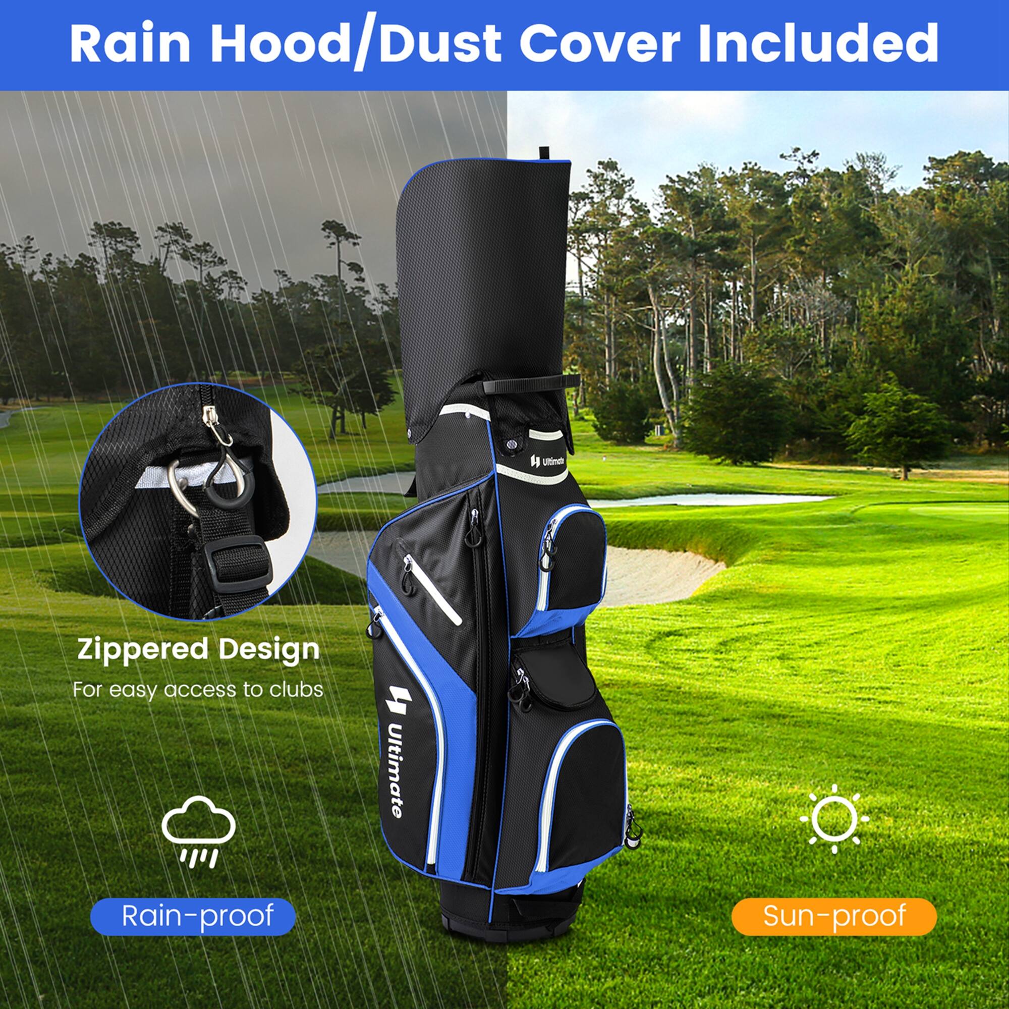 Rain Hood/Dust Cover Included

Zippered Design  
For easy access to clubs

Rain-proof  
Sun-proof