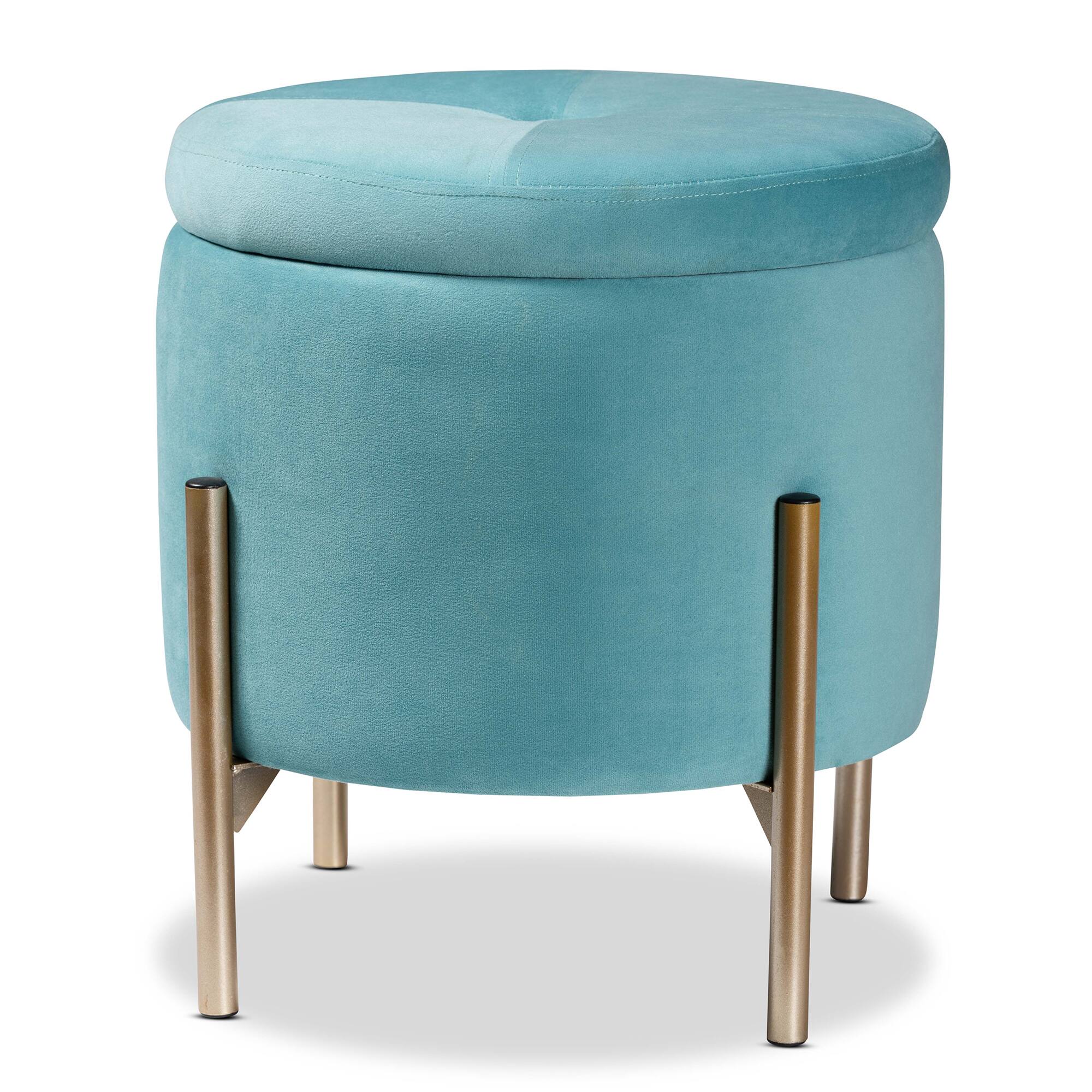 Front. Baxton Studio - Malina Contemporary Glam and Luxe Velvet Fabric Upholstered and Gold Finished Metal Storage Ottoman - Sky Blue/Gold.