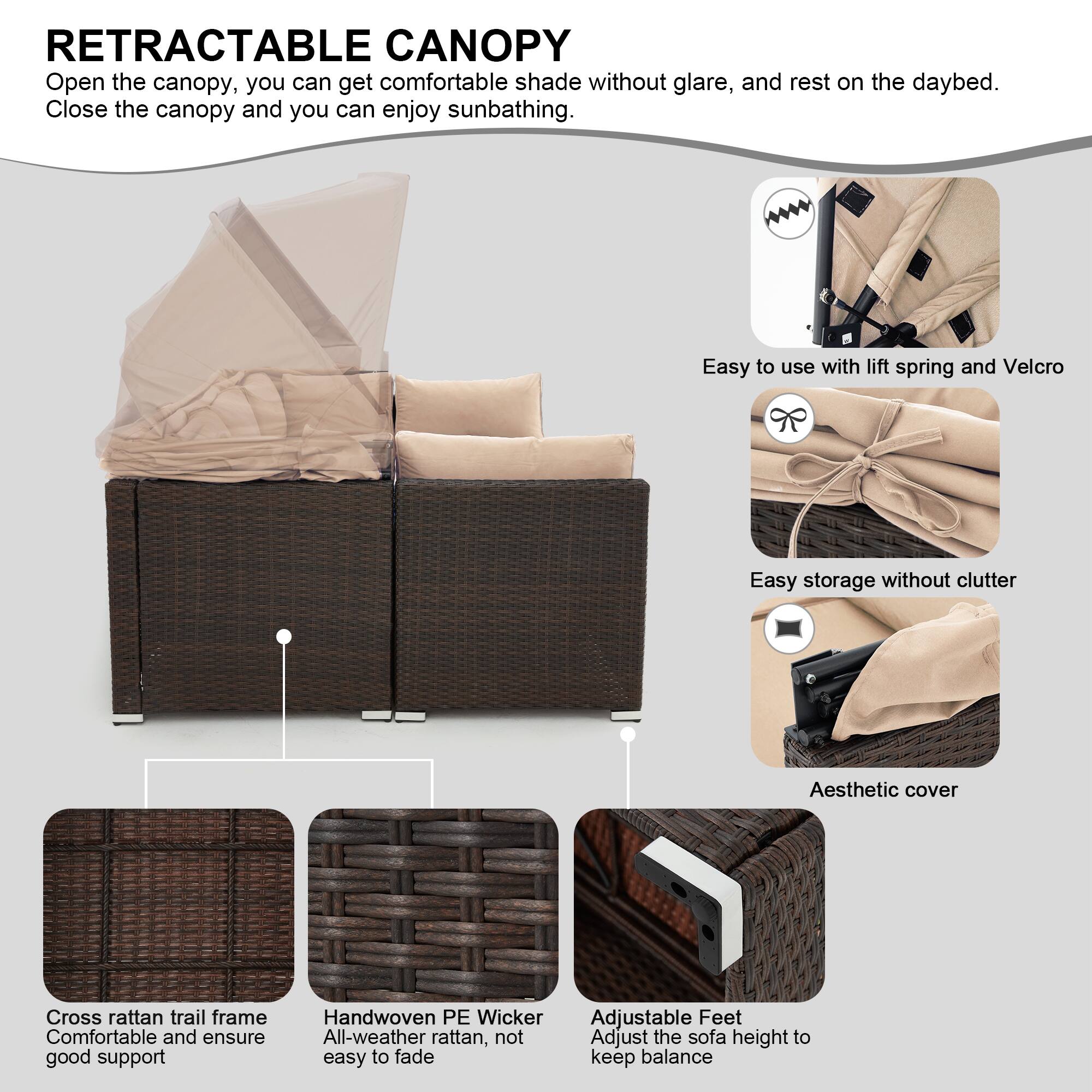 U HOMY 6 Piece Outdoor Patio Rattan Daybed Set with Canopy & Adjustable ...