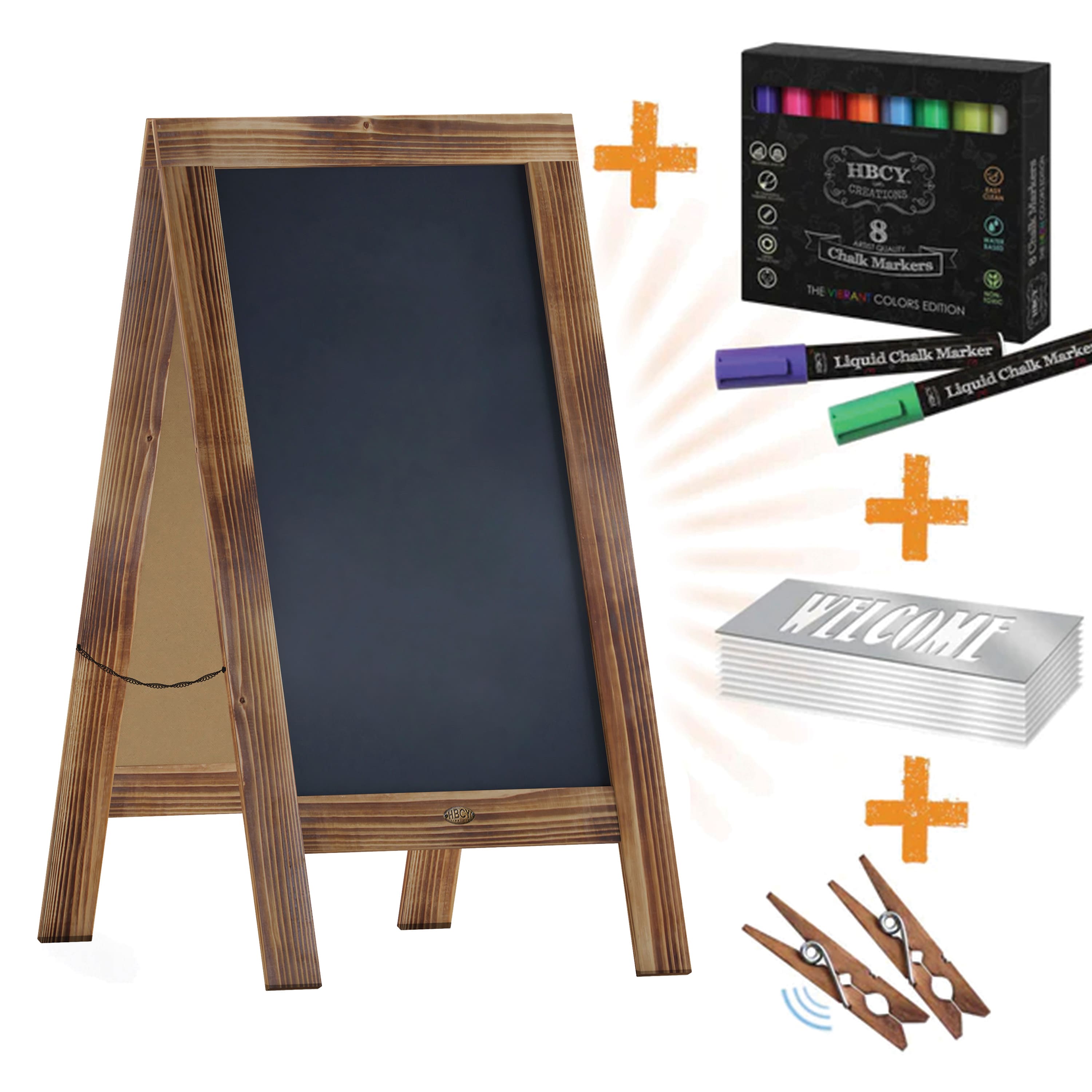 Emma + Oliver - Double-Sided Chalkboard Set with Chalk Markers, Stencils & Magnets - Rustic Brown