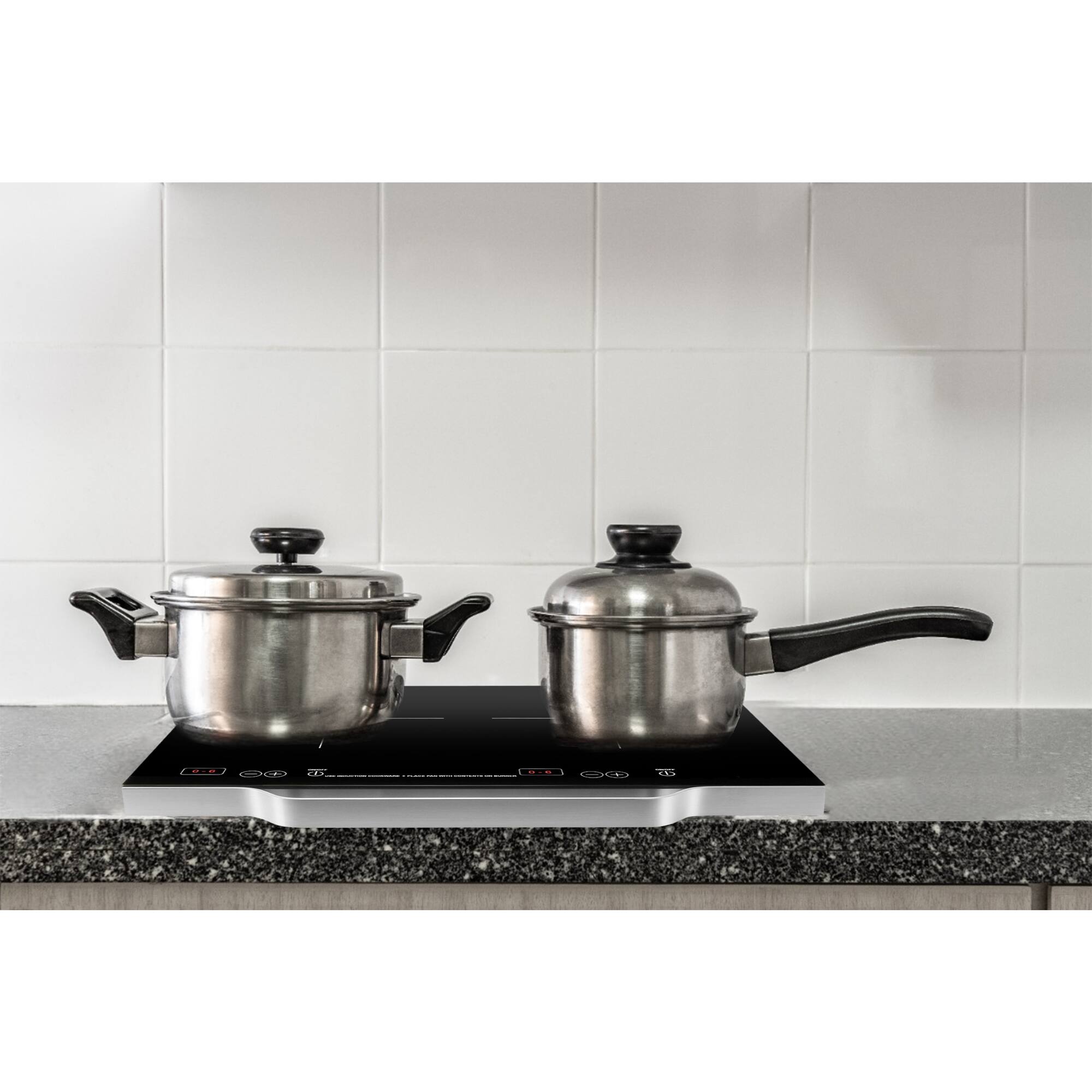 Left. Equator - Equator 21" 2 Burner Portable Induction Electric Cooktop LIGHT Aluminum Handle | 6 Heat Levels 110V - Black.