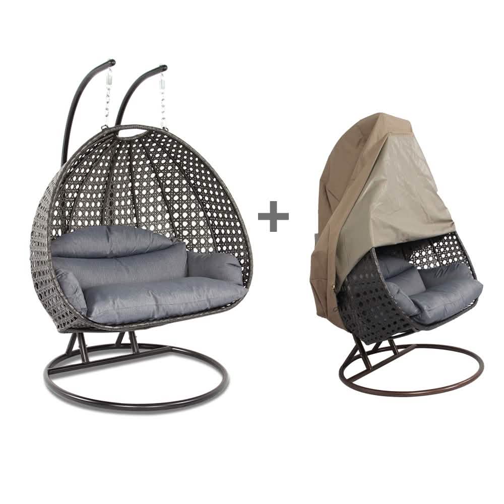 Front. LeisureMod - LeisureMod 2-Person Hanging Egg Chair with Stand & Weatherproof Cover - Handwoven Wicker Outdoor Swing - Charcoal Blue.