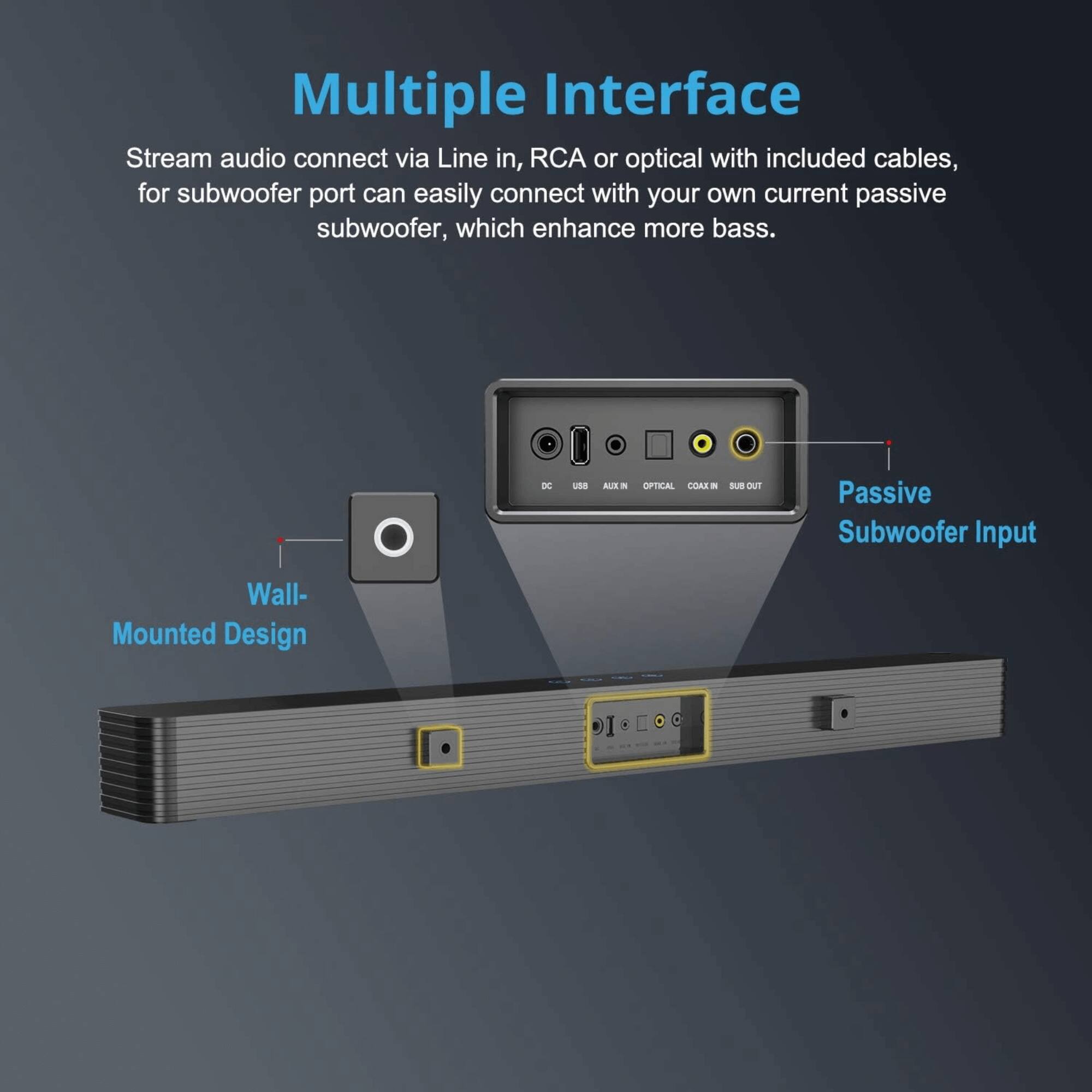 Multiple Interface

Stream audio connect via Line in, RCA or optical with included cables, for subwoofer port can easily connect with your own current passive subwoofer, which enhance more bass.

Wall-Mounted Design

Passive Subwoofer Input