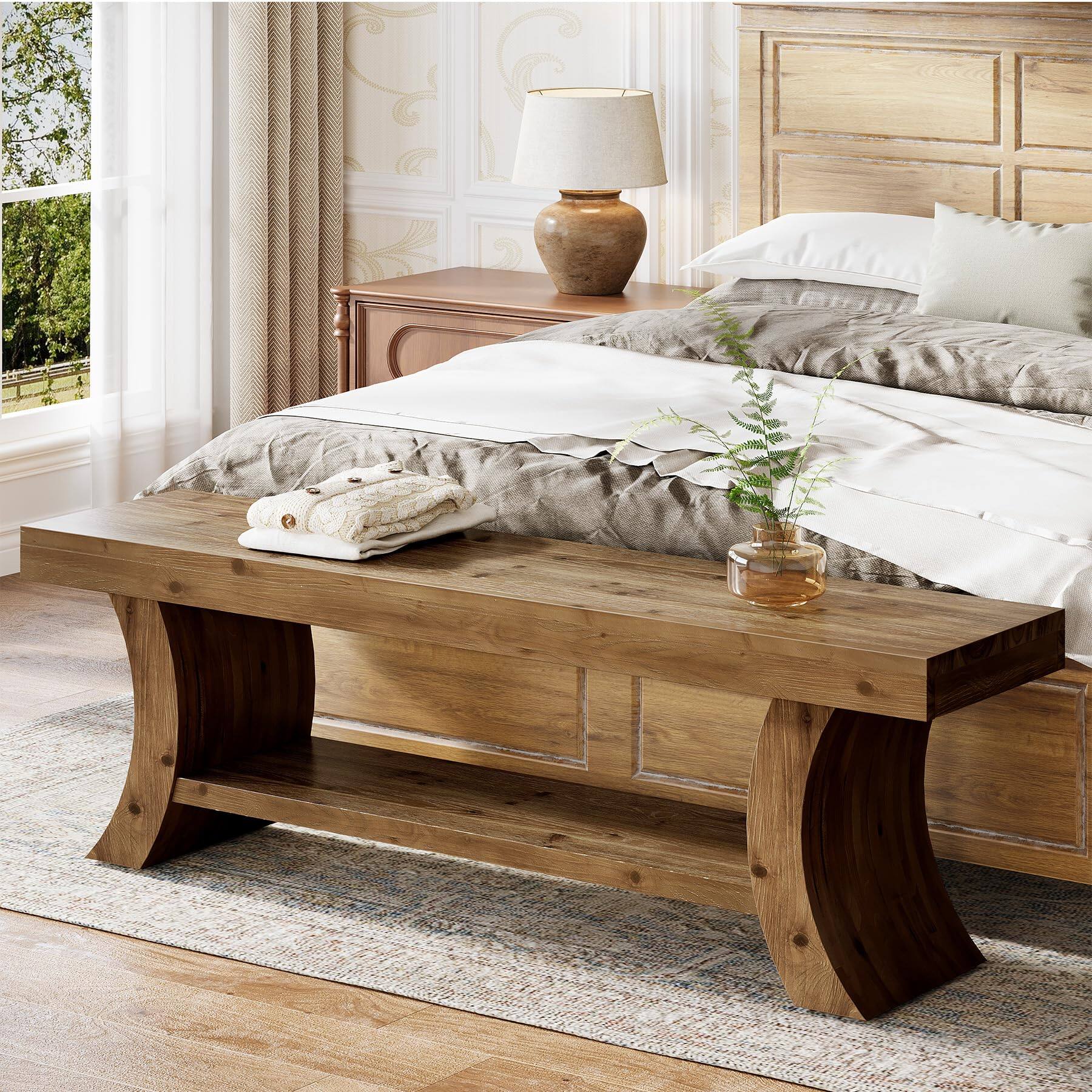Alt View 4. Tribesigns - Solid Wood Entryway Bench with Thick Curved Base and Open Storage Shelf - Brown.