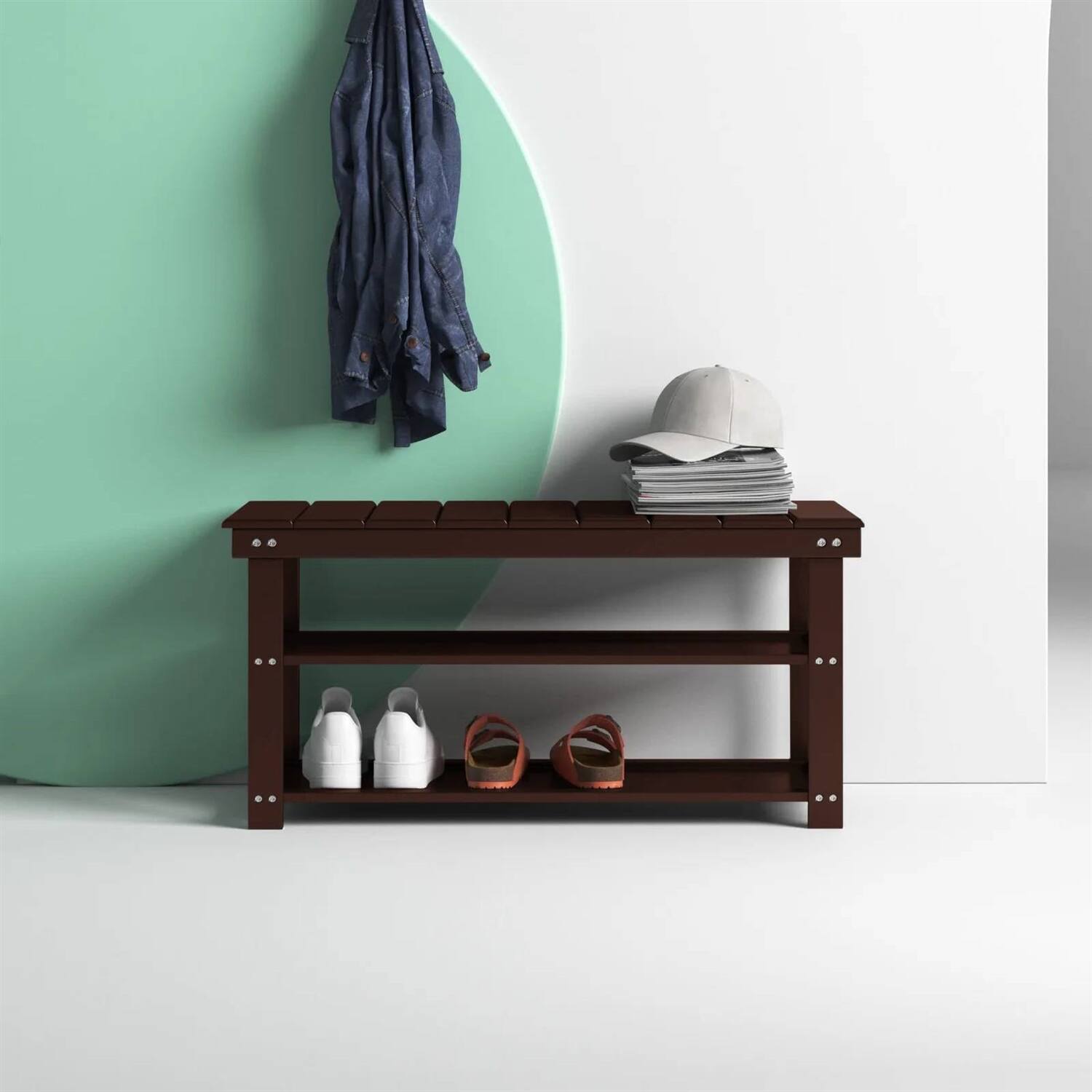 Back. Hivvago - Espresso Brown Wood 2-Shelf Shoe Rack Storage Bench For Entryway or Closet - Espresso.