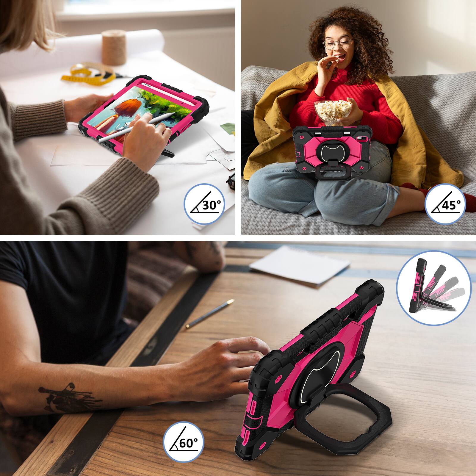 Alt View 4. UUCOVER - Rugged Protective Case for iPad mini A17 Pro 8.3-inch/iPad mini 6 360° Rotating Stand Hand Grip Cover+Shoulder Strap - Black+Rose.
