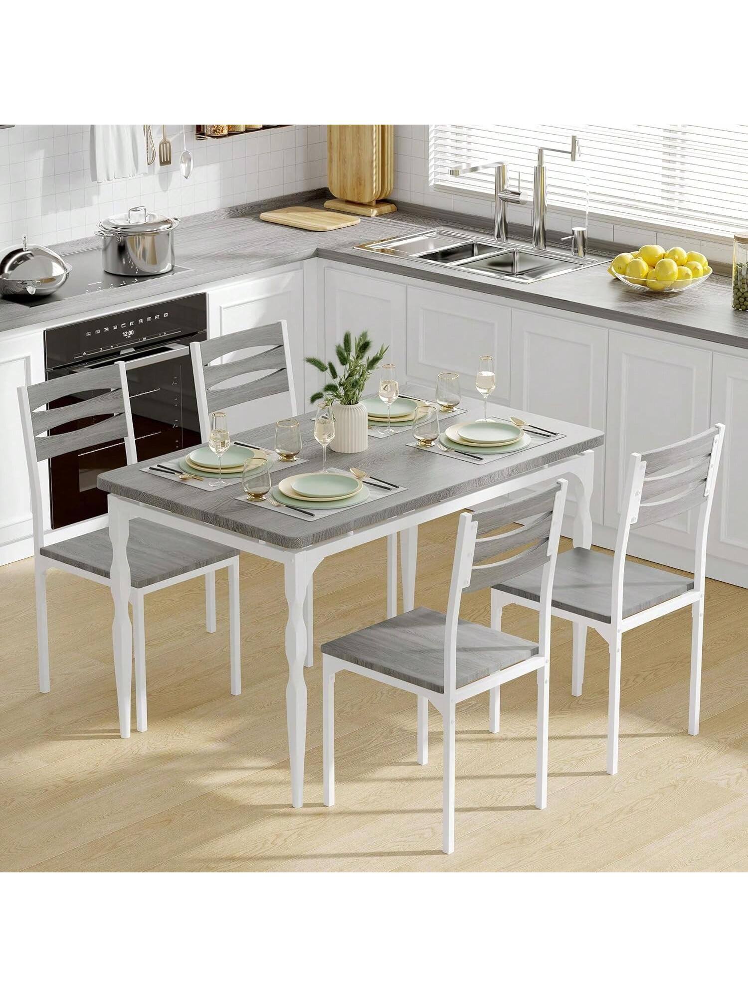 Acekool - Kitchen Table 5 Piece Dining Table Set Industrial Style Kitchen Table Set for Dining Room, Home Office, Living Room - Gray