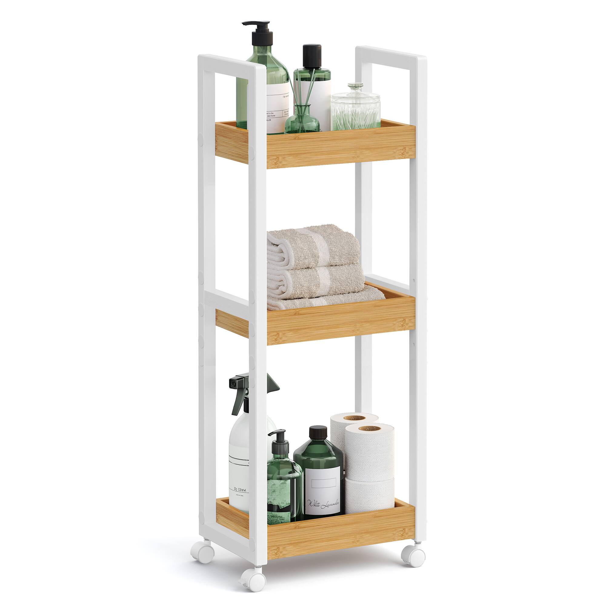 Front. Songmics Home - Bamboo Rolling Cart, 3-Tier Utility Cart on Wheels, Slim Narrow Storage Shelf, Bamboo Shelves, Space-Saving - White and Natural.