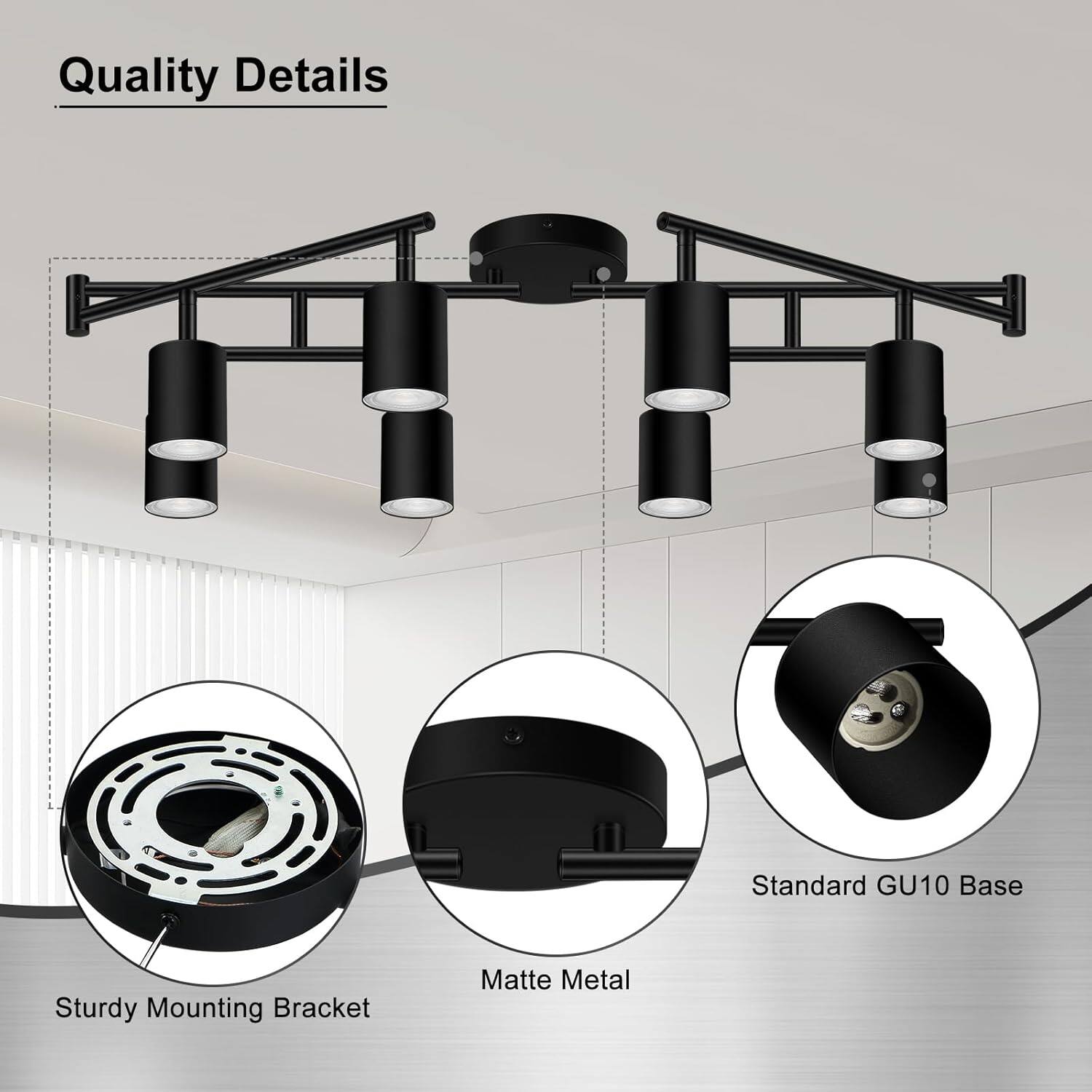 Quality Details

- Sturdy Mounting Bracket
- Matte Metal
- Standard GU10 Base