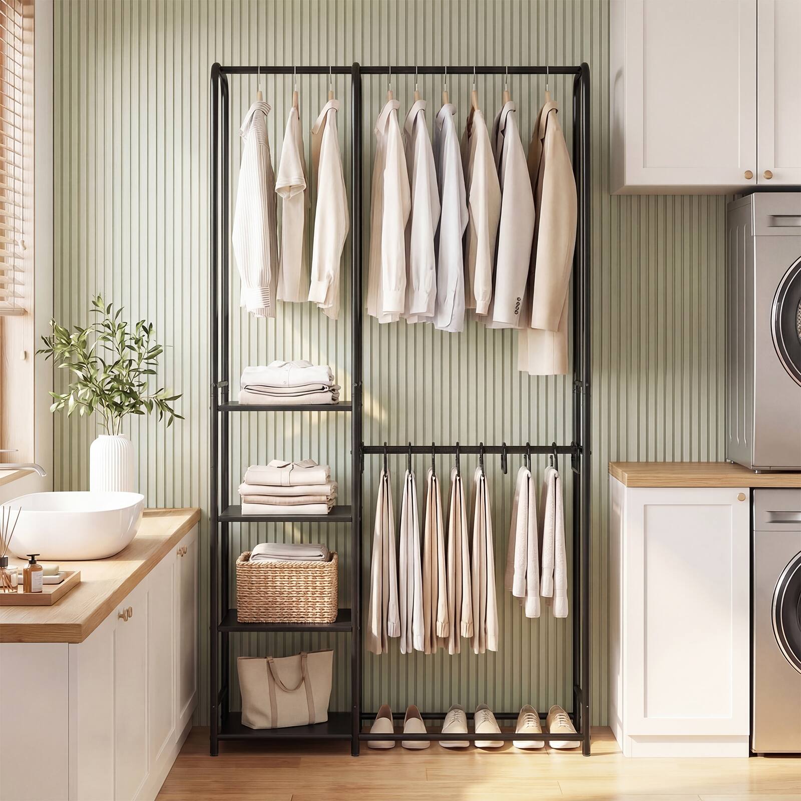 Alt View 5. Gymax - Gymax Portable Closet w/Pants Hangers 2 Hanging Rods 4 Storage Shelves for Bedroom Black - Black.
