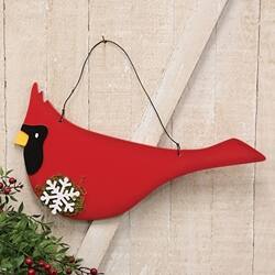 Left. BreeBe - Wooden Mossy Snowflake Cardinal Hanger - Red.