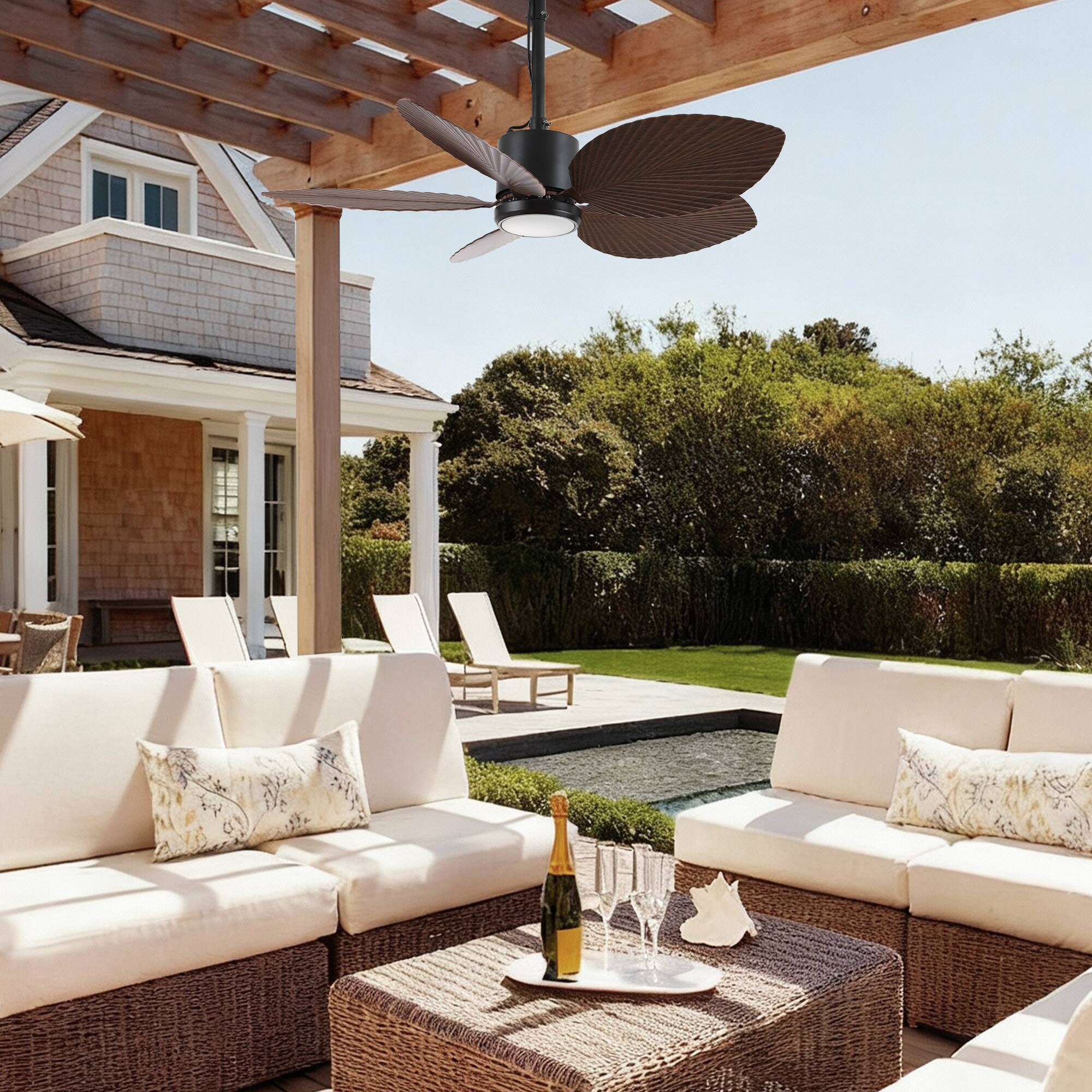 Angle. Parrot Uncle - 42" Tropical Style Black Waterproof Outdoor Gazebo LED Ceiling Fan with Light, Hook Downrod and Tropical Palm Leaf - Black.