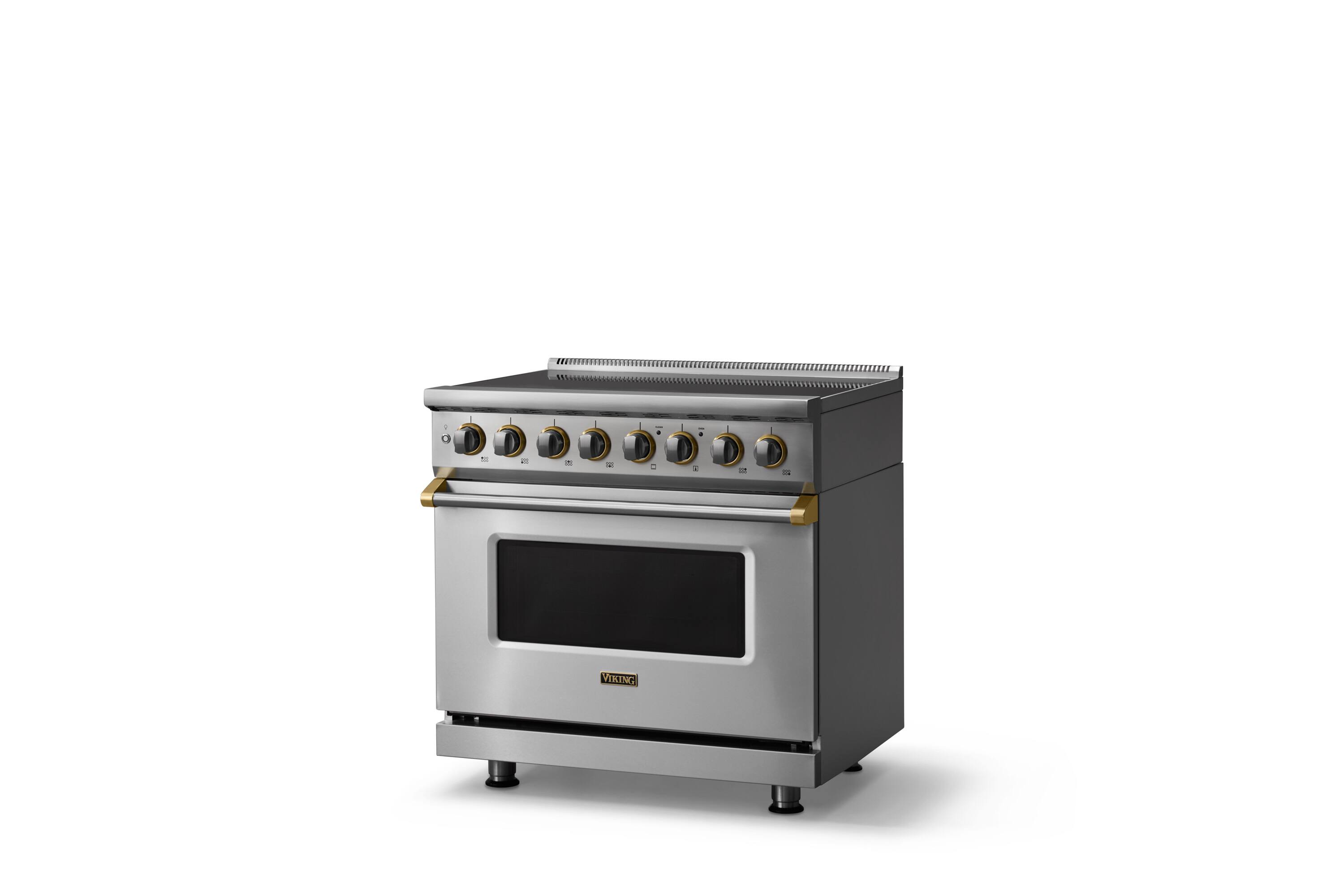 Angle. Viking - 36"W. 5.6 Cu.Ft. Pro5S 6 Element Freestanding Electric Induction Convection Range - Stainless Steel/Brushed Brass - Stainless Steel.
