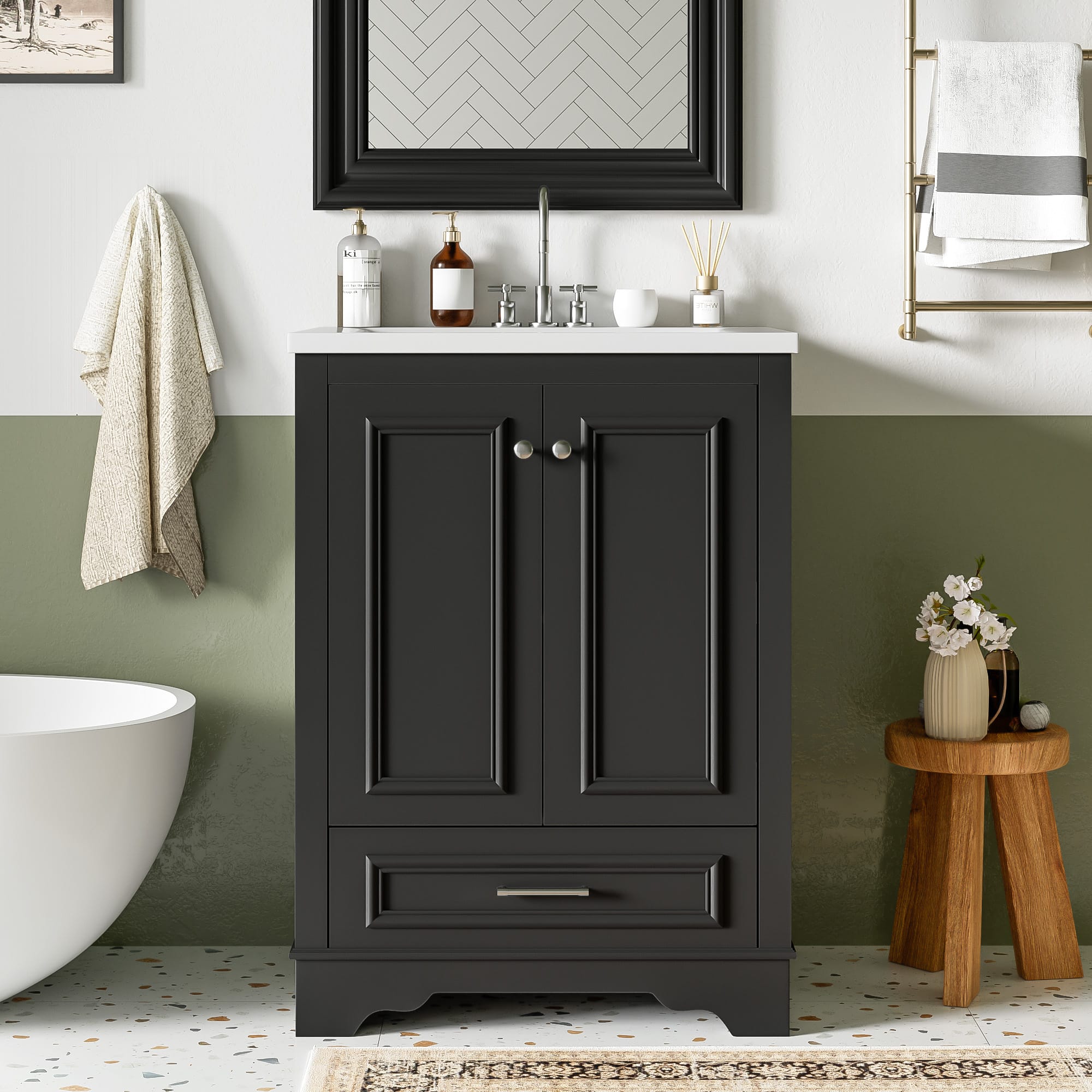 Tiramisubest - 24" Bathroom Vanity with Ceramic Sink Combo, Modern Storage Cabinet with Silver Handles, Soft Closing Doors - Black