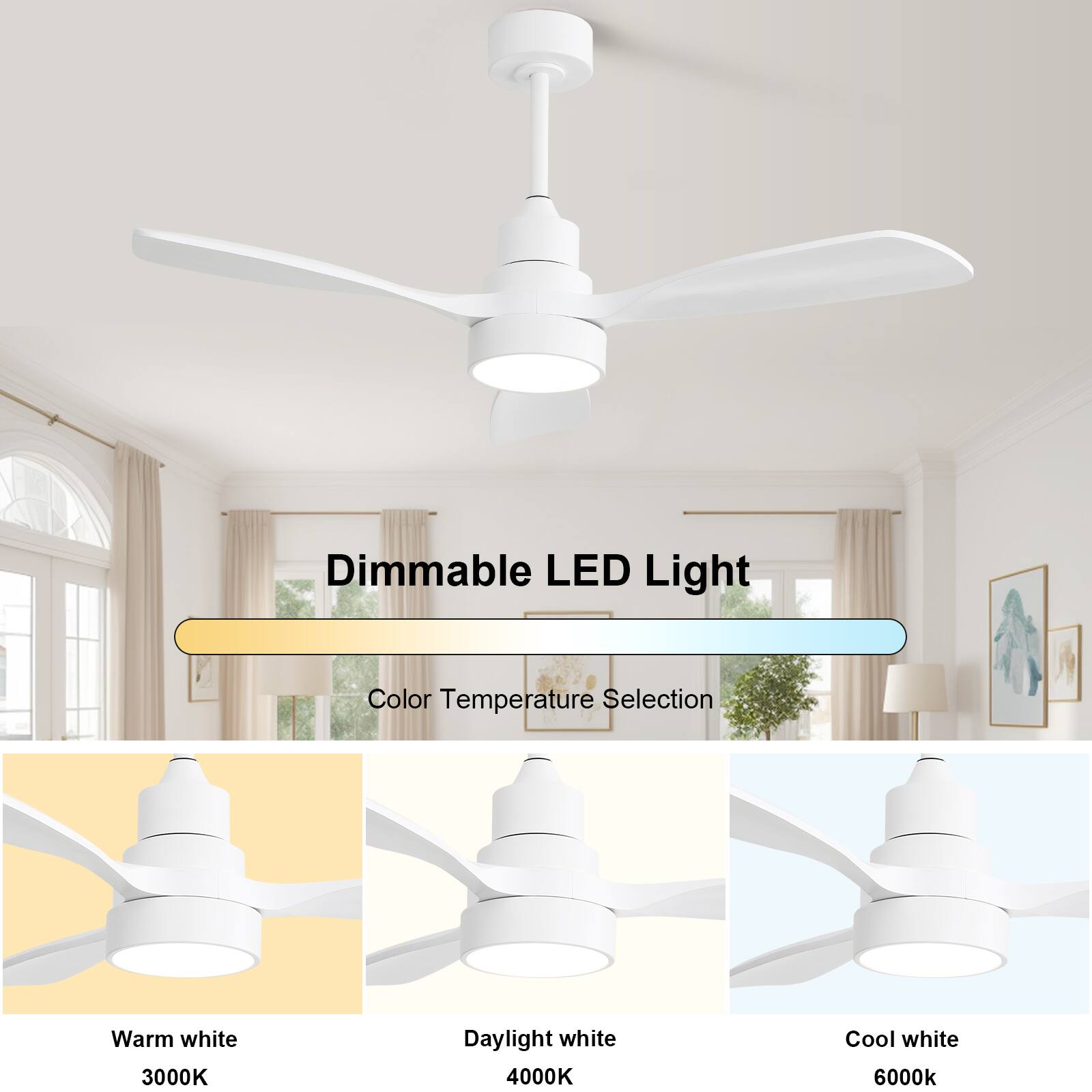 Dimmable LED Light
Color Temperature Selection
Warm white 3000K
Daylight white 4000K
Cool white 6000k