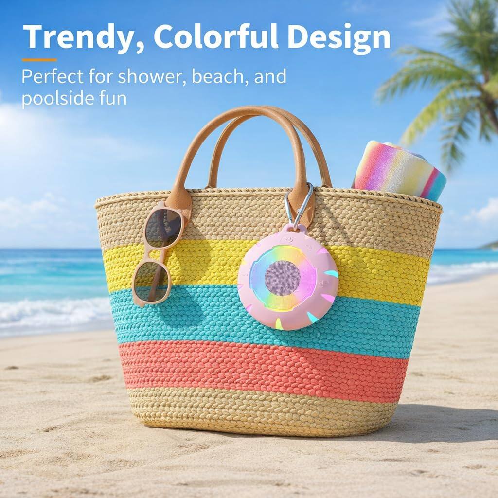Trendy, Colorful Design  
Perfect for shower, beach, and poolside fun