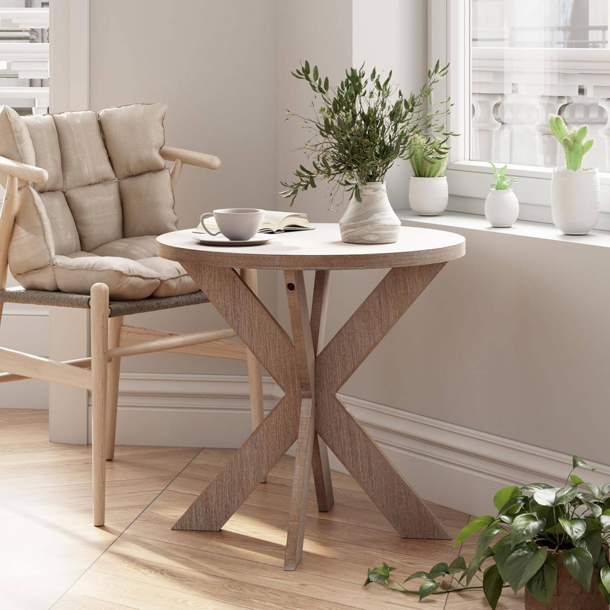 Alt View 7. COZAYH - COZAYH Farmhouse Round Wooden End Table with Cross Legs, Vintage Grey Finish - Vintage Grey.