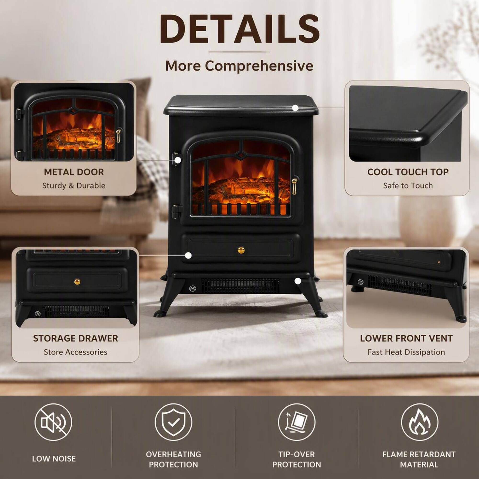 DETAILS  
More Comprehensive

- METAL DOOR  
  Sturdy & Durable

- COOL TOUCH TOP  
  Safe to Touch

- STORAGE DRAWER  
  Store Accessories

- LOWER FRONT VENT  
  Fast Heat Dissipation

- LOW NOISE

- OVERHEATING PROTECTION

- TIP-OVER PROTECTION

- FLAME RETARDANT MATERIAL