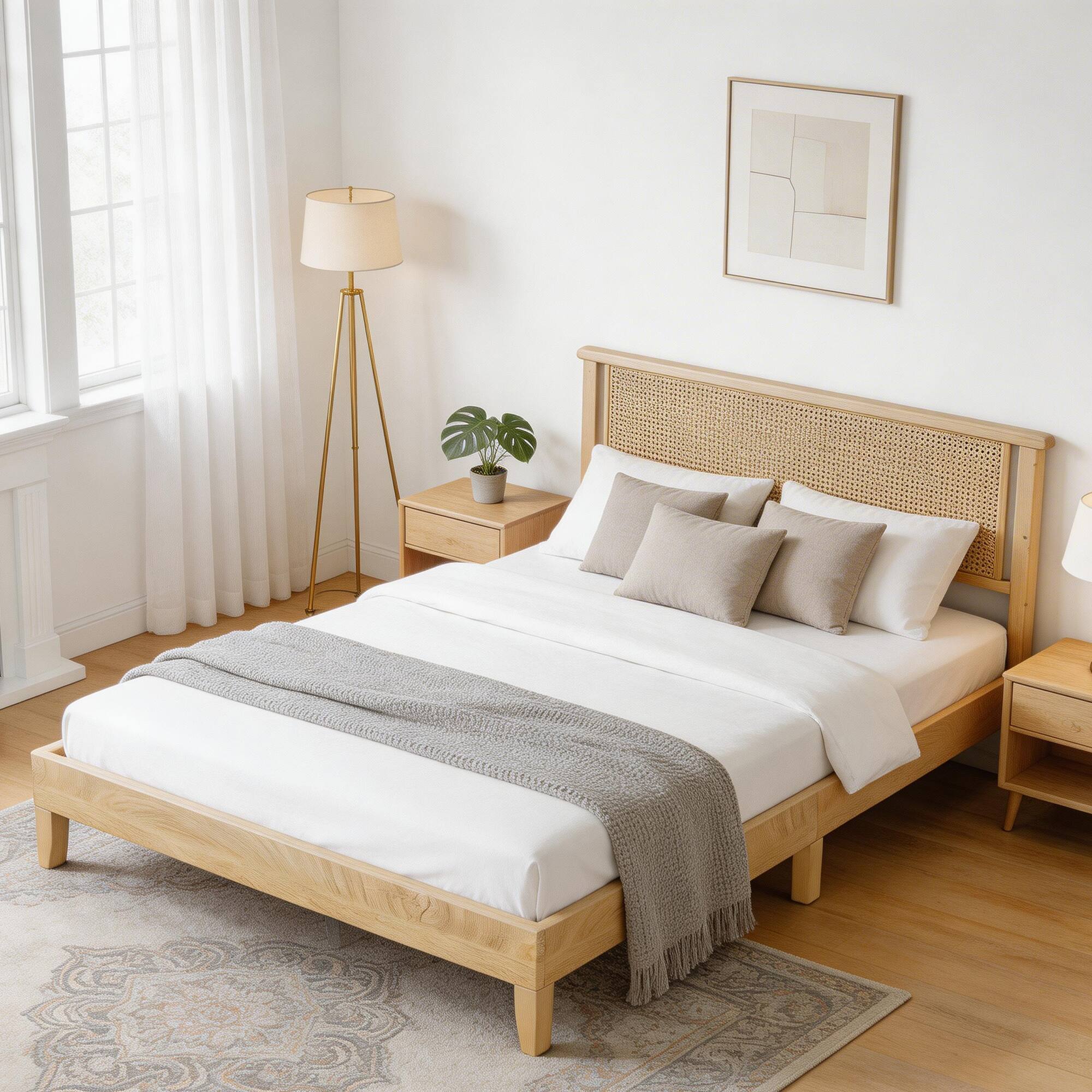 Angle. Vipbear - F/Q/K Wooden Bed Frame with Rattan Headboard, Platform Bed Frame with Solid Wood Slat Support, No Box Spring Needed - Nature.