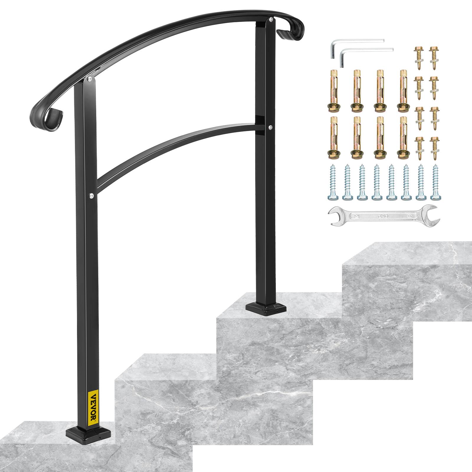 VEVOR - 3-Step Transitional Handrail Fits 1 or 3 Steps Stair Rail Wrought Iron Handrail with Installation Kit Hand Rails - Black