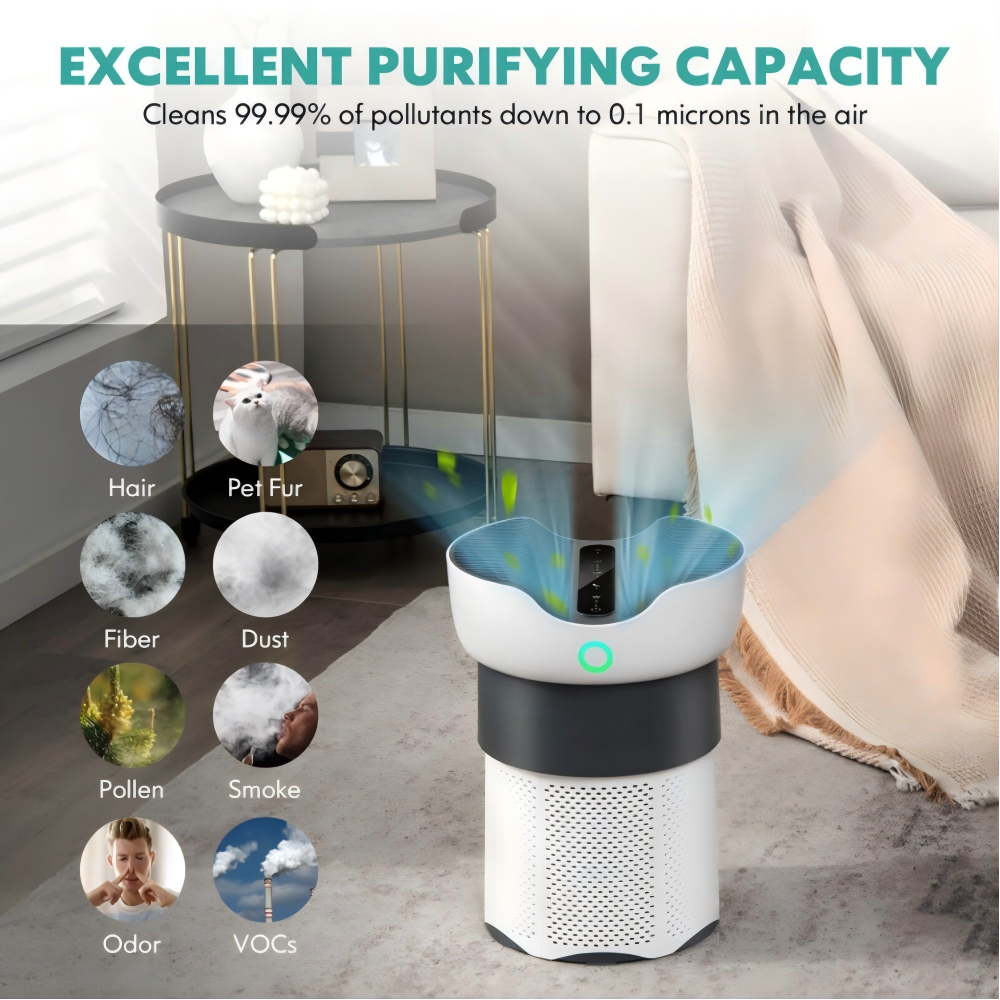 EXCELLENT PURIFYING CAPACITY  
Cleans 99.99% of pollutants down to 0.1 microns in the air  

- Hair  
- Pet Fur  
- Fiber  
- Dust  
- Pollen  
- Smoke  
- Odor  
- VOCs