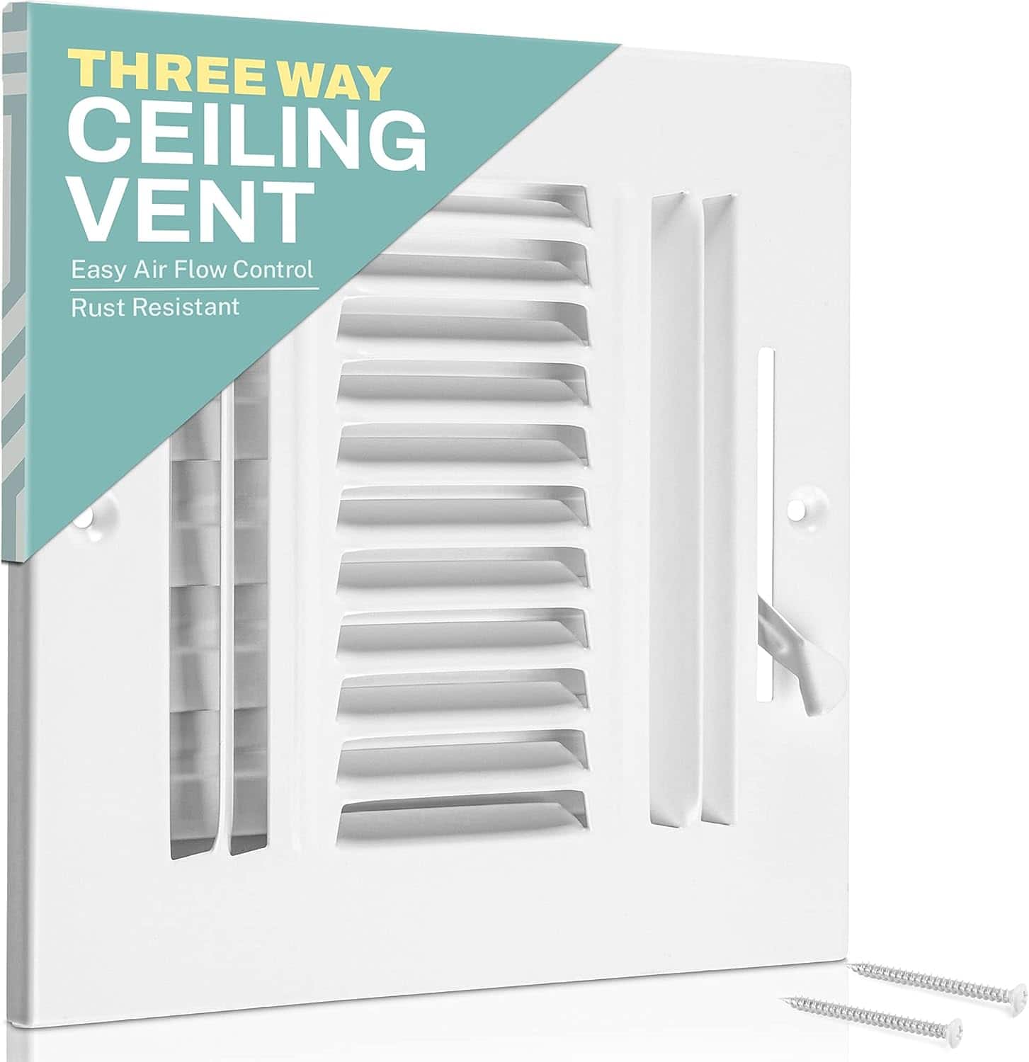 Home Intuition - Ceiling Register - 8X4" Ceiling Register Vent Cover – 3-Way White Grille with Adjustable Damper for HVAC Heat and Cold