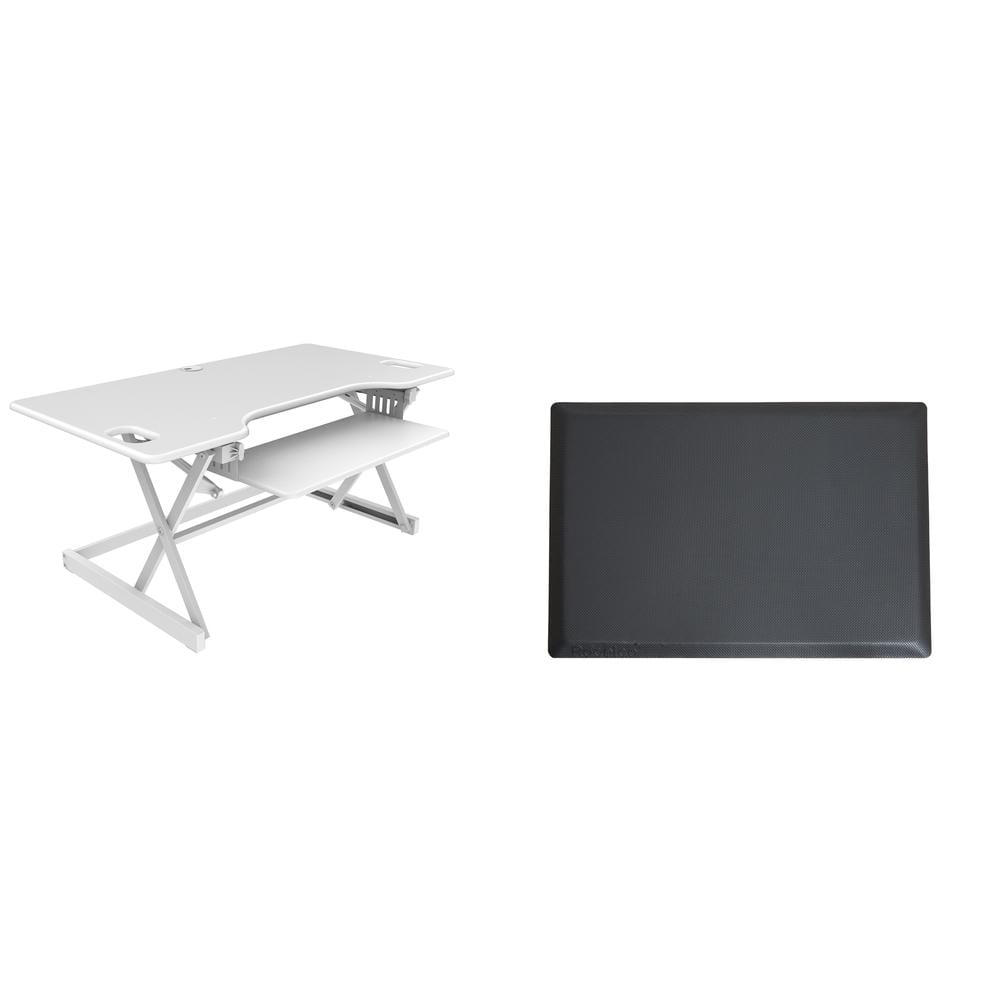Rocelco - 46" Large Height Adjustable Standing Desk Converter with Anti Fatigue Mat BUNDLE, Retractable Keyboard Tray - White