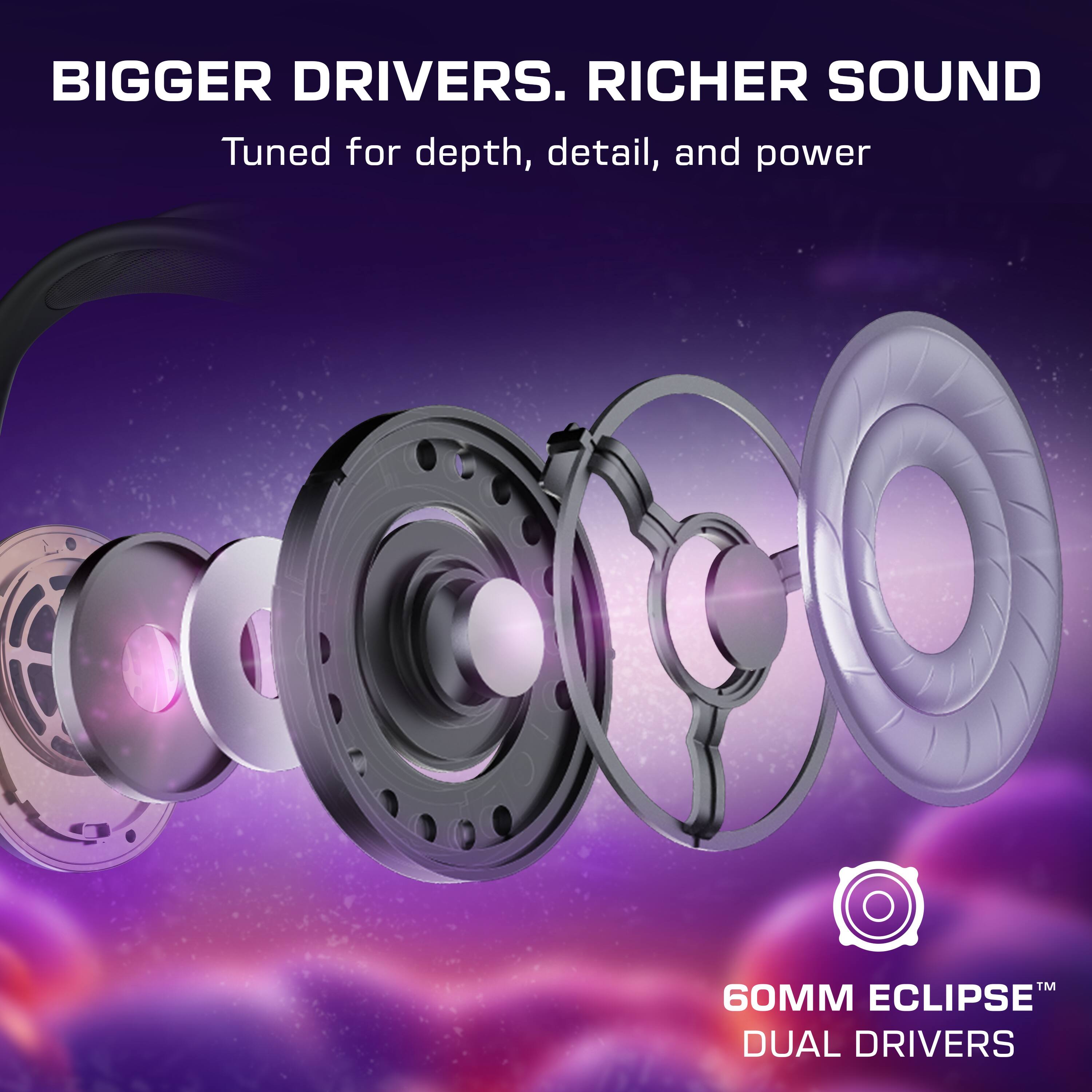 Bigger Drivers. Richer Sound  
Tuned for depth, detail, and power  

60MM Eclipse™ Dual Drivers