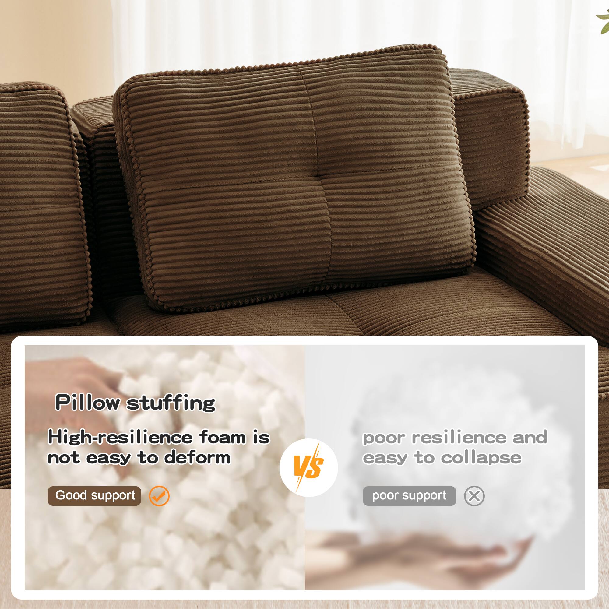 Pillow stuffing

High-resilience foam is not easy to deform  
Good support ✔️

VS

Poor resilience and easy to collapse  
Poor support ❌