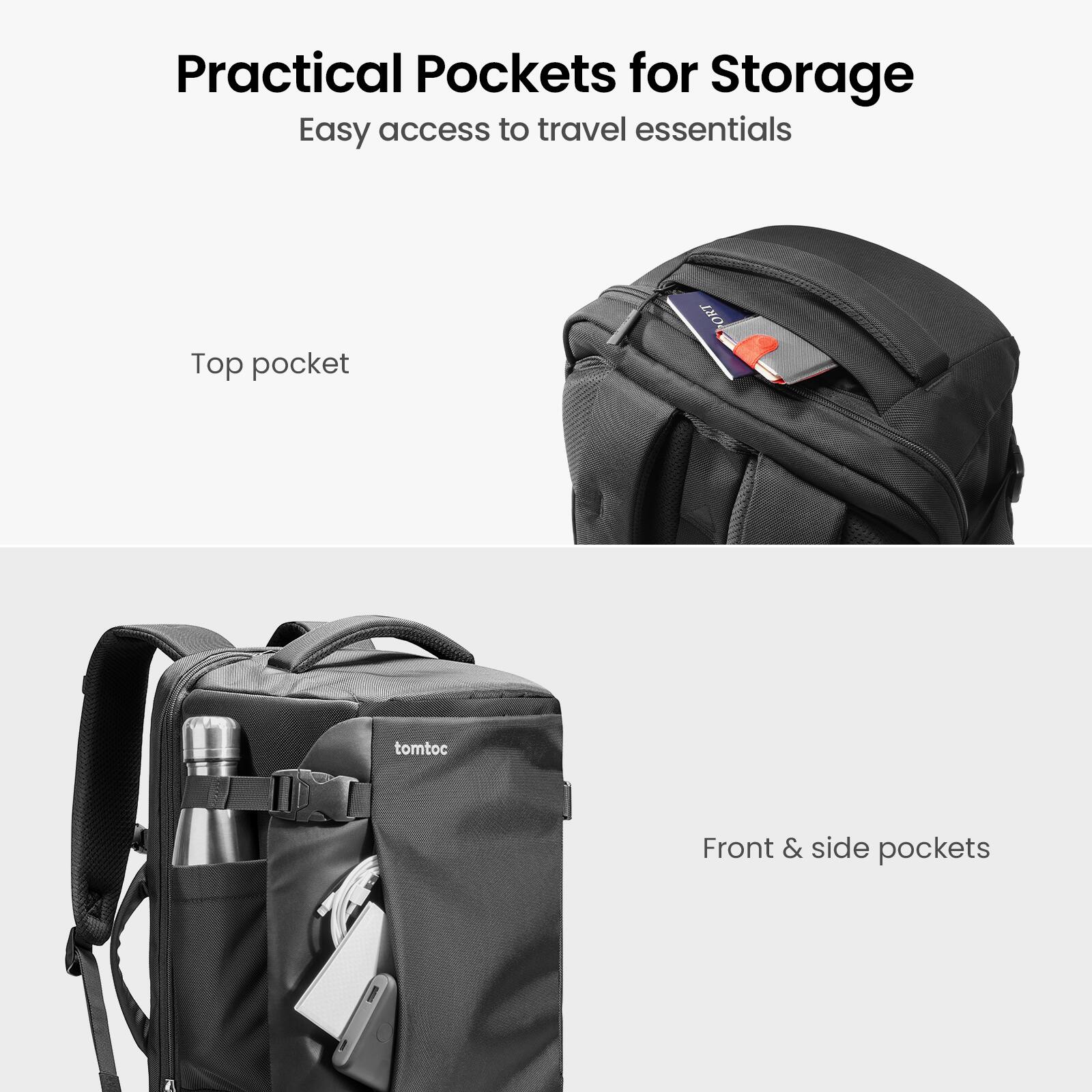 Practical Pockets for Storage: Easy access to travel essentials. Top pocket ORT tomtoc. Front & side pockets.