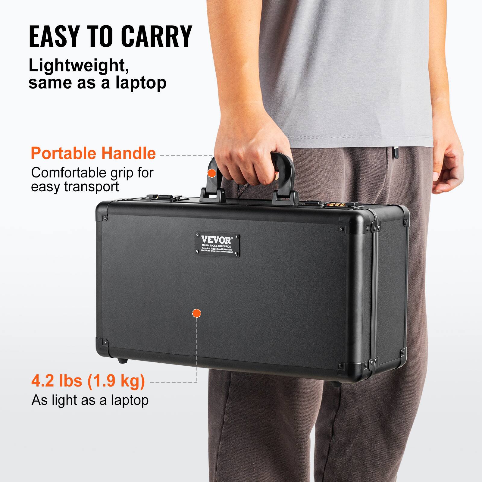 EASY TO CARRY  
Lightweight, same as a laptop  

Portable Handle  
Comfortable grip for easy transport  

4.2 lbs (1.9 kg)  
As light as a laptop