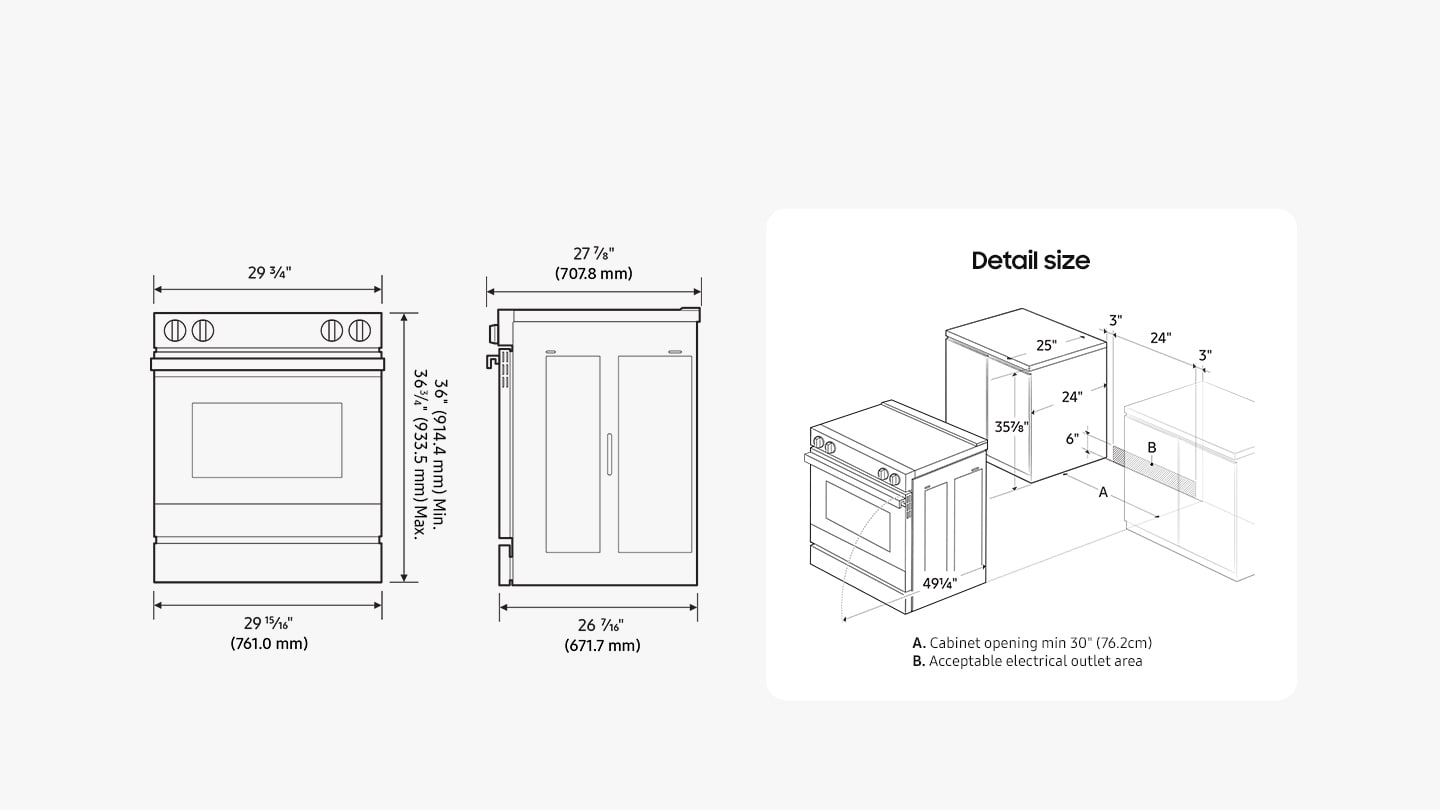 The text on the image can be grouped and corrected as follows:
1. Detail size: 36 3/4" x 99" (933.5 mm)
2. Max. Min. 25" x 24" x 357 6" x 3"
3. A: 24" B: 3"
4. Cabinet opening min 30" (76.2 cm)
5. Acceptable electrical outlet area: 29 15/16" (761.0 mm) x 26 7/16" (671.7 mm)
These corrections are based on the provided text and the image's content.