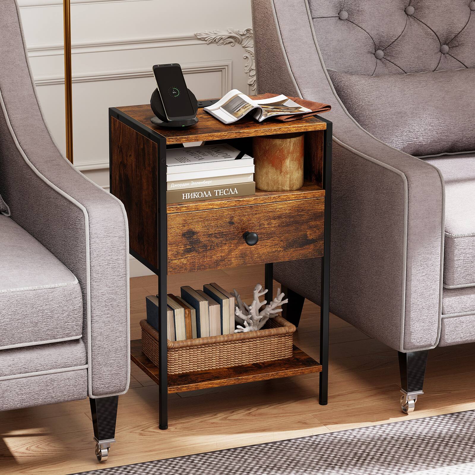 Alt View 4. Gymax - Gymax 2Pcs Nightstand w/ Charging Station Bedside Table w/ USB Ports & Outlets Rustic Brown & Black - Brown.