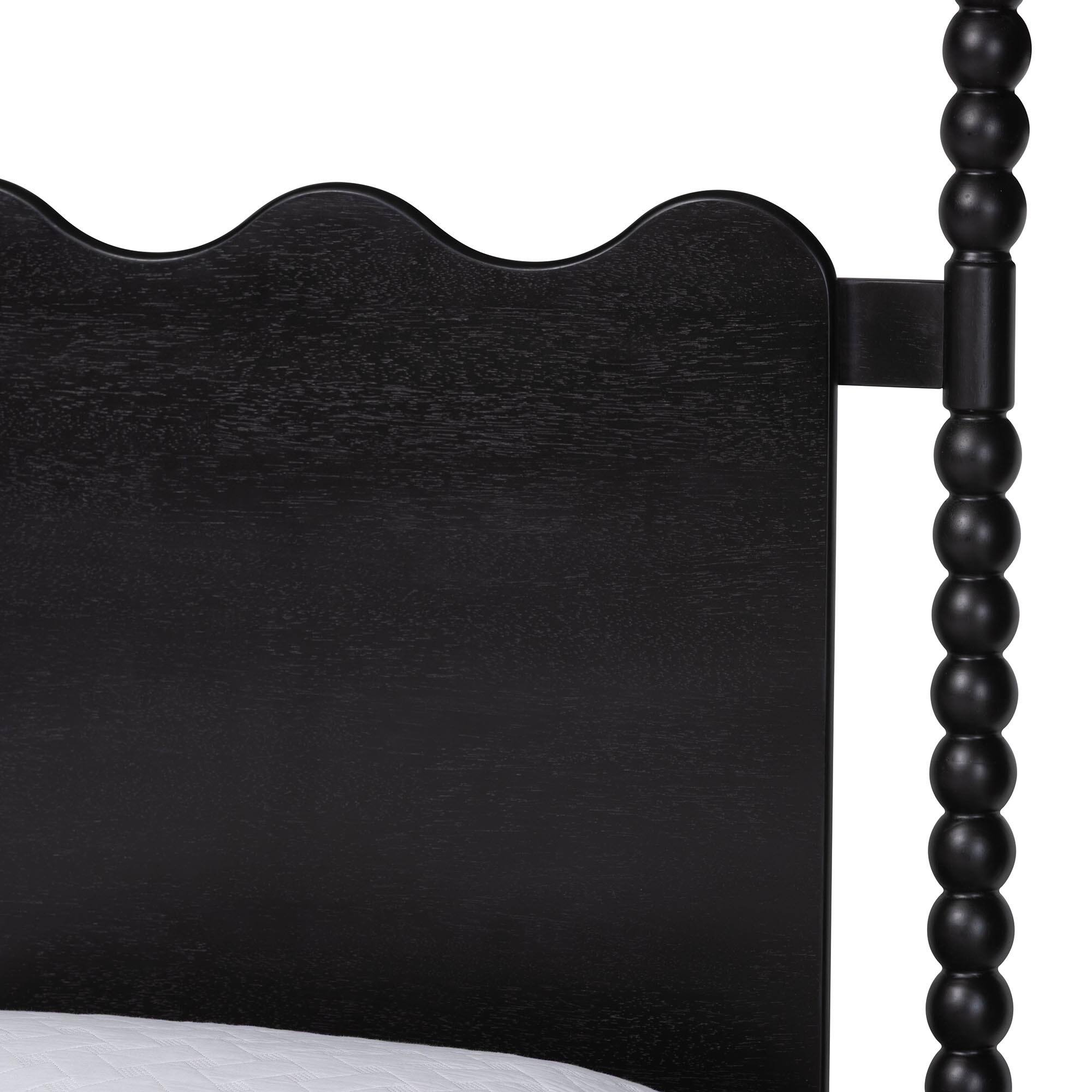 Back. Baxton Studio - Brantley Spindle Platform Bed - Farmhouse Bed Frame with Scalloped Headboard and Turned Posts, Queen - Black.