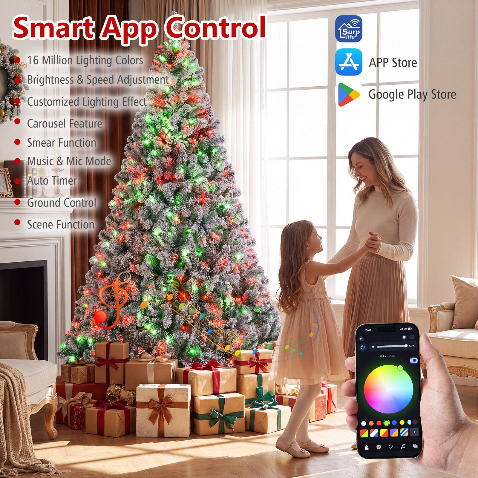 Smart App Control

- 16 Million Lighting Colors
- Brightness & Speed Adjustment
- Customized Lighting Effect
- Carousel Feature
- Smeer Function
- Music & Mic Mode
- Auto Timer
- Ground Control
- Scene Function

Surp Life

APP Store

Google Play Store

Color Sale