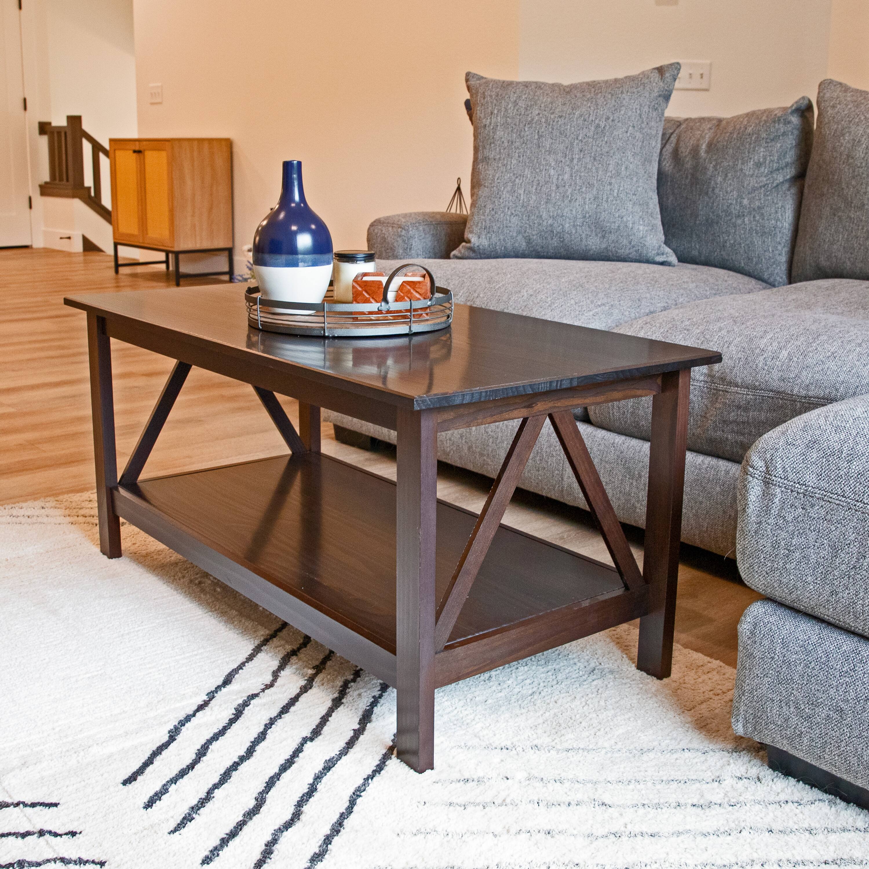 Alt View 5. Sunnydaze - Solid Pine Coffee Table with Shelf - 43.5 in - Dark Brown.