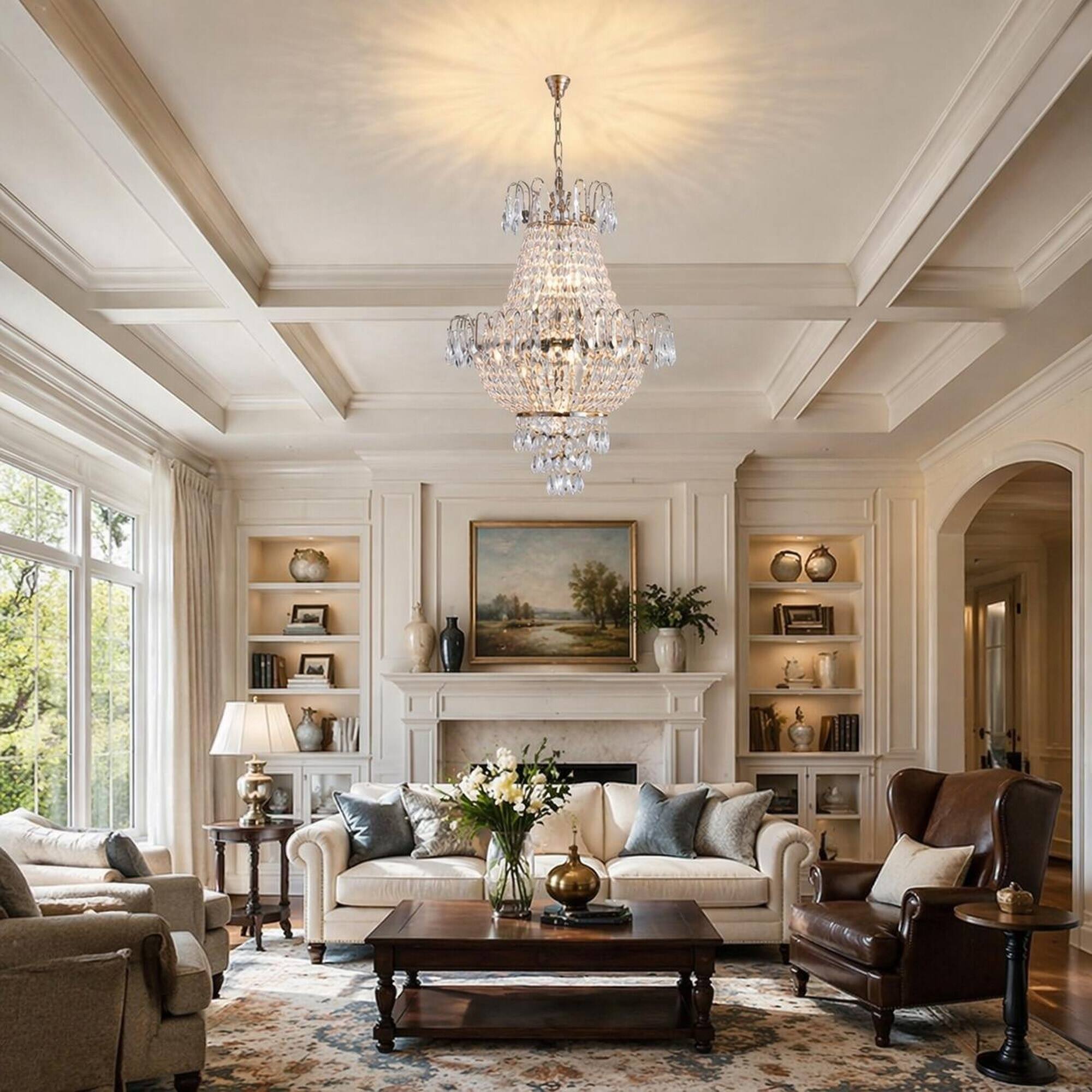 Angle. RYHNUYNE - Large Gold Crystal Chandelier with K9 Glass Accents – Contemporary Luxury Ceiling Light for Living Room, Dining Room.