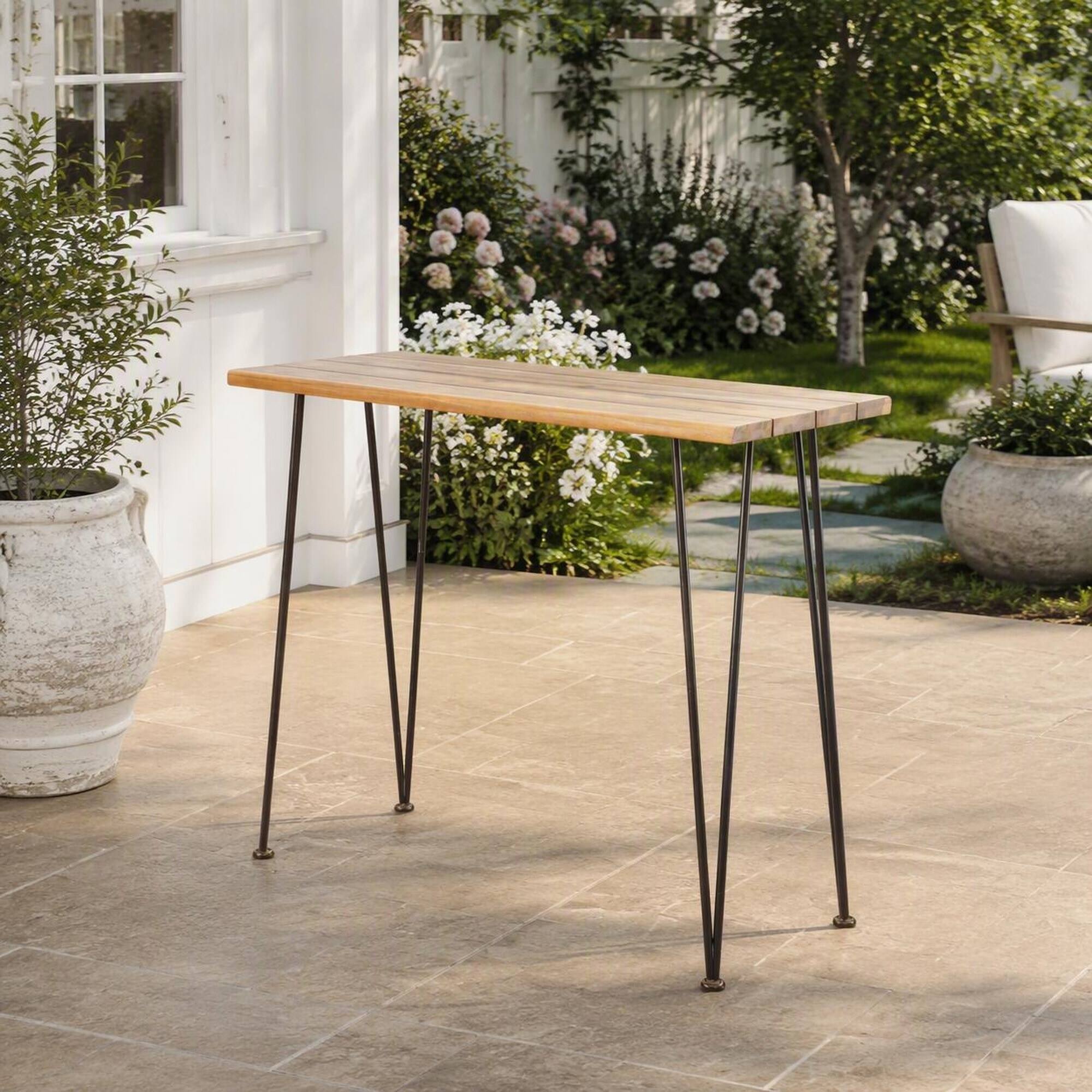 Angle. RYHNUYNE - Outdoor Industrial Counter Height Bar Table, Acacia Wood Top with Dark Metal Hairpin Legs for Patio Backyard Garden - Teak+ Black.