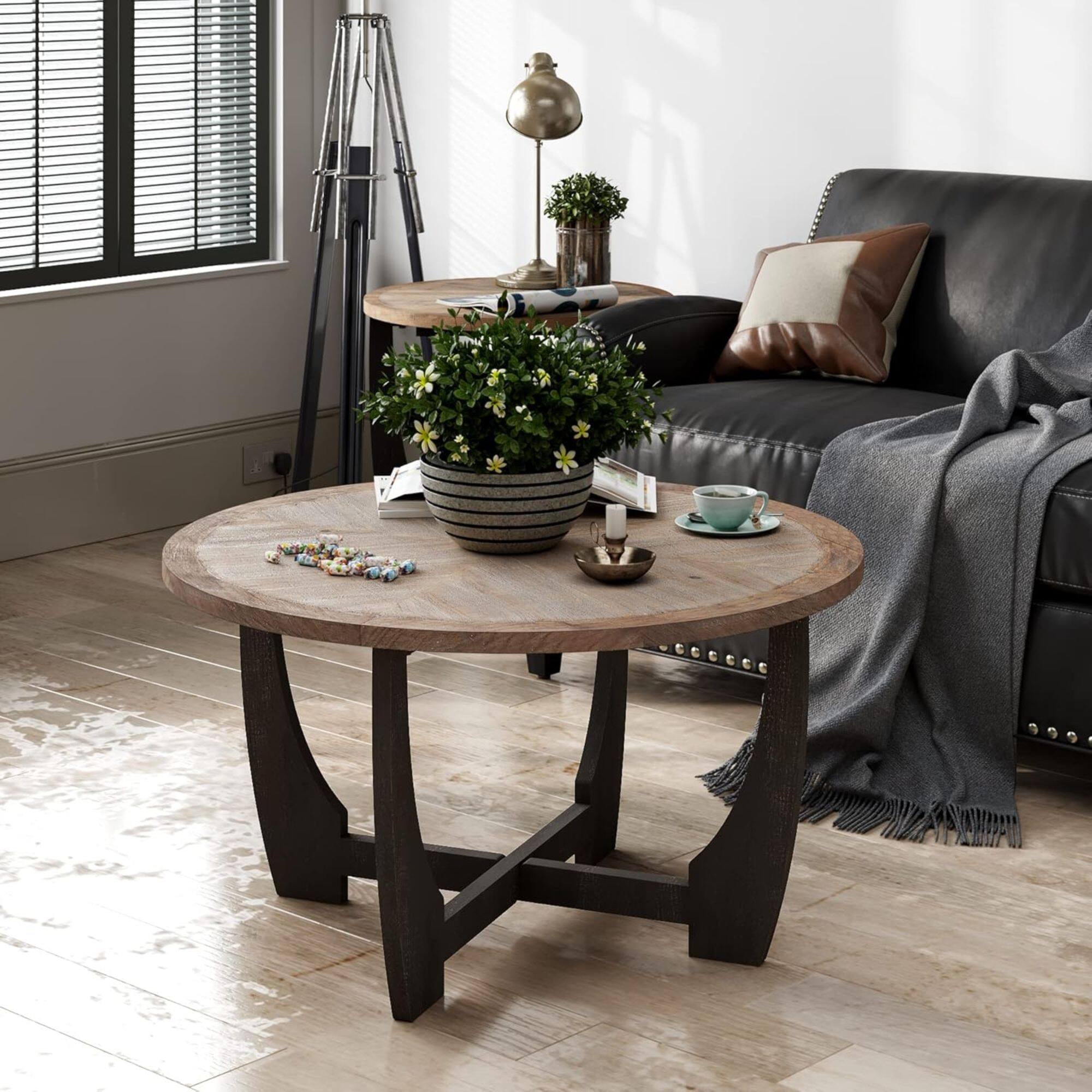 Alt View 7. COZAYH - COZAYH Rustic Farmhouse Round Coffee Table with Crisscross Base for Living Room - Black & Wood.