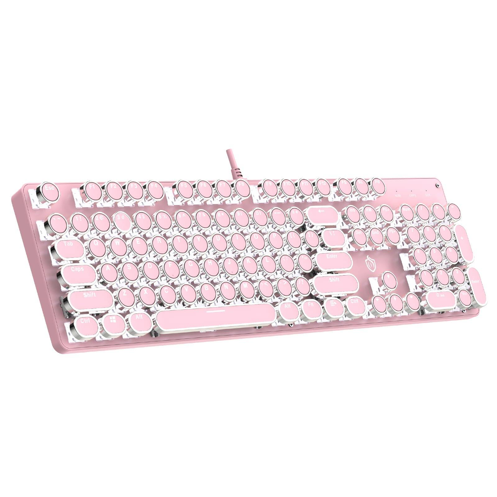 Cedar Assembly - Typewriter Mechanical Gaming With White Light Backlit Red Switches Retro Round Keycap Wired Style Comfortable - Pink LED