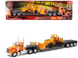 New Ray - Kenworth W900 Truck with Lowboy Trailer Orange and Wheel Loader Yellow "Long Haul Trucker" Series 1/32 - Orange And Yellow