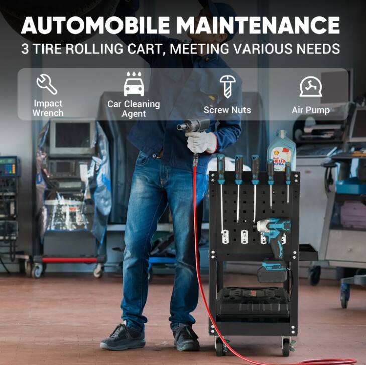 AUTOMOBILE MAINTENANCE  
3 TIRE ROLLING CART, MEETING VARIOUS NEEDS  

- Impact Wrench  
- Car Cleaning Agent  
- Screw Nuts  
- Air Pump