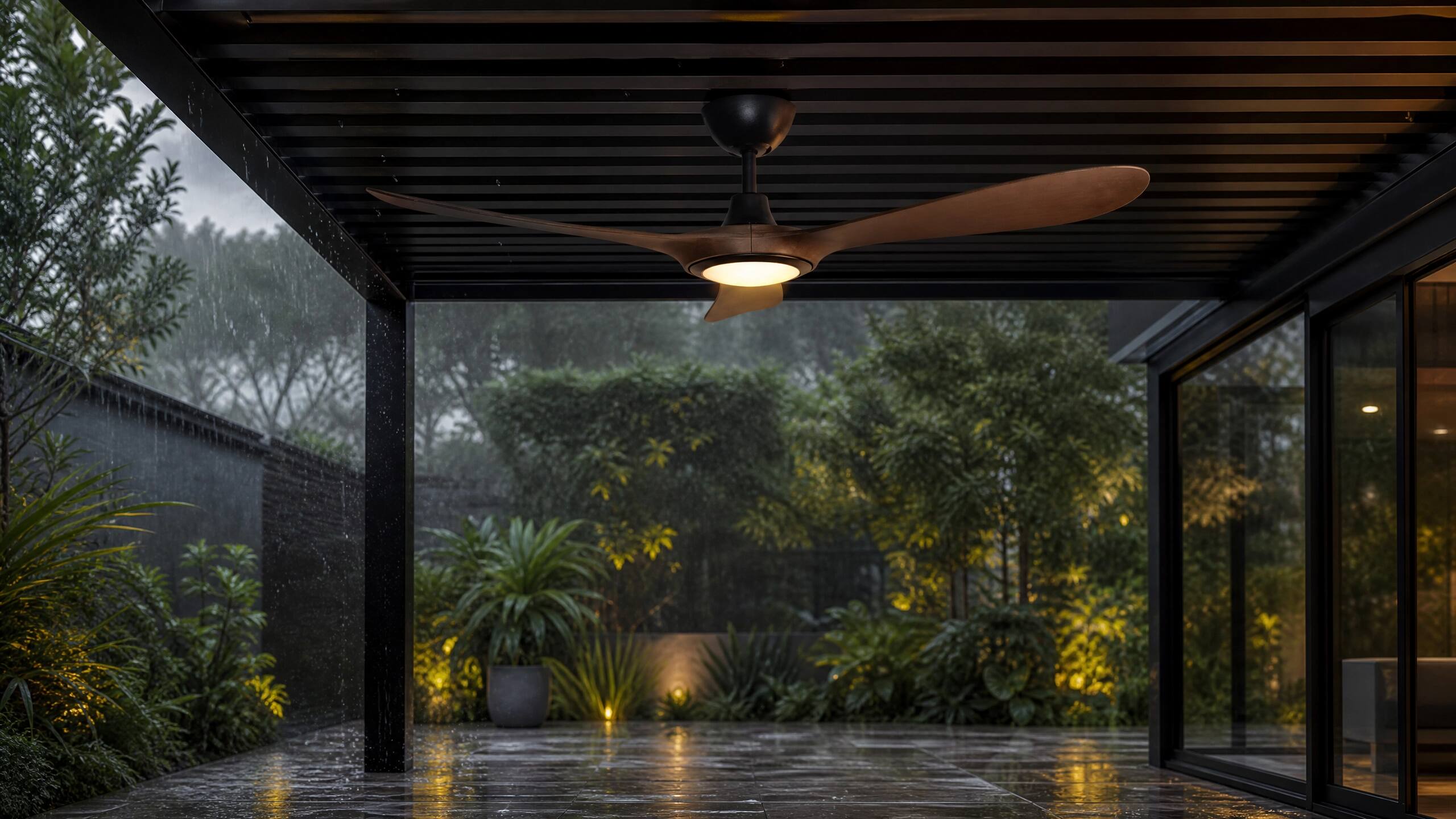 Alt View 4. ENLIGHT - 60" Smart Ceiling Fan, IP66 Outdoor/Coastal, CCT & Dimmable LED, Durable, Efficient + Quiet DC Motor, Matter, 3 Blades - Walnut Woodgrain.
