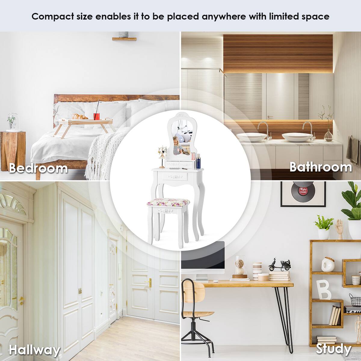 Compact size enables it to be placed anywhere with limited space

- Bedroom
- Bathroom
- Hallway
- Study