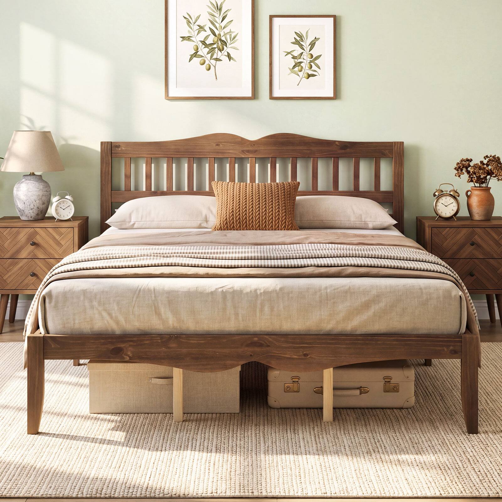 Alt View 4. Costway - Costway Queen Size Platform Bed with Headboard, Solid Wood Frame, Sturdy Wood Slat Support - Walnut.