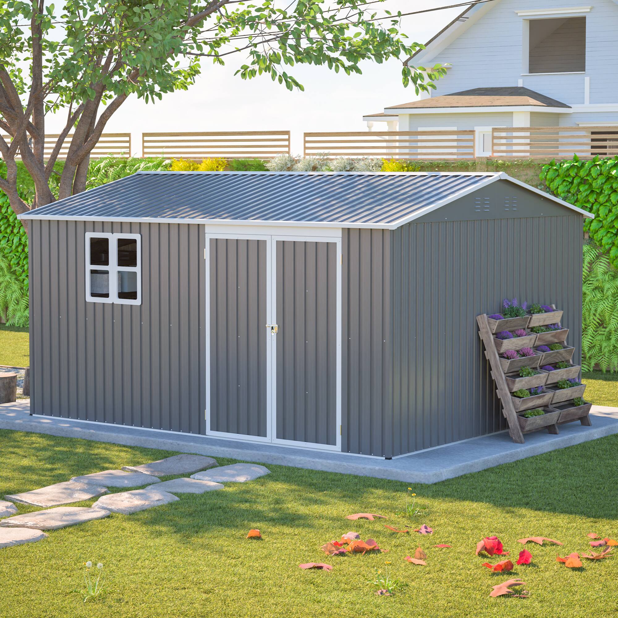 Angle. Lirago - 12x10 FT Outdoor Storage Shed All-Weather Metal Shed with Lockable Doors - Gray.