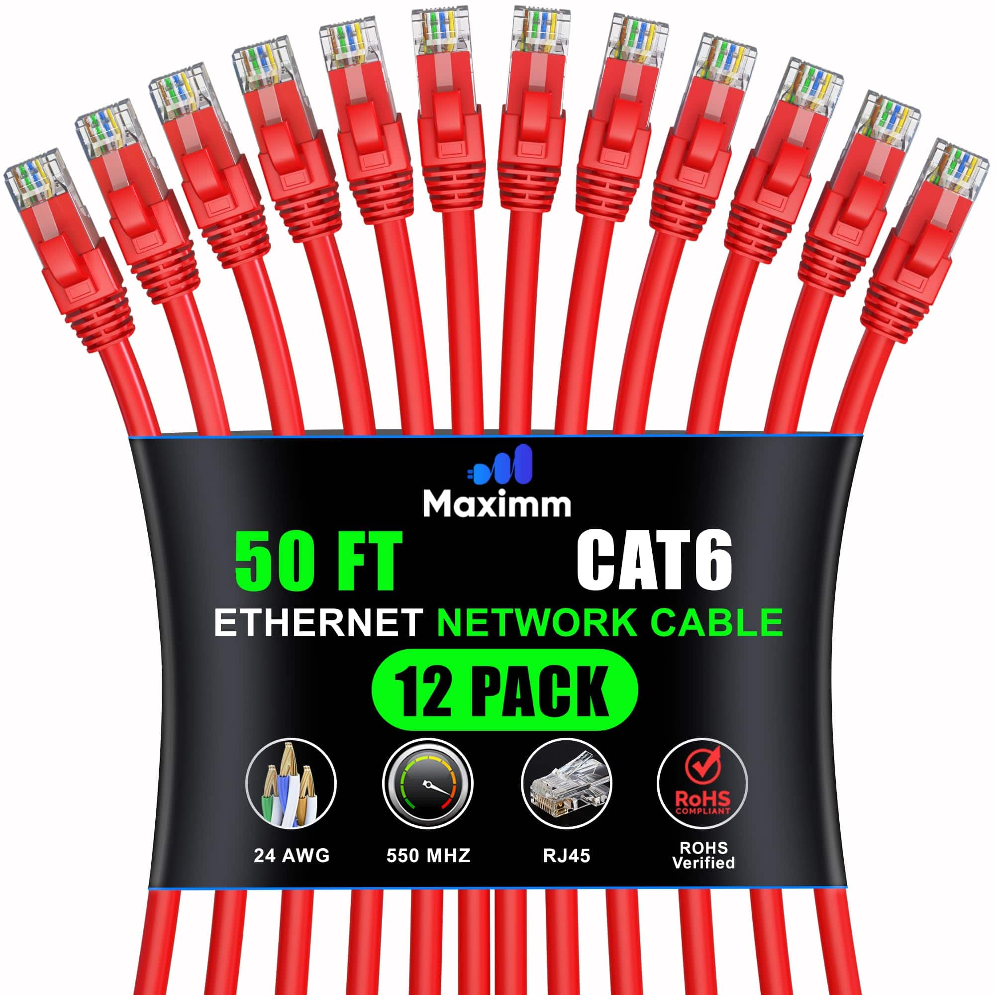 Maximm - Cat 6 Ethernet Cable 50 ft (12-Pack) - UTP, 10Gbps, 550MHz