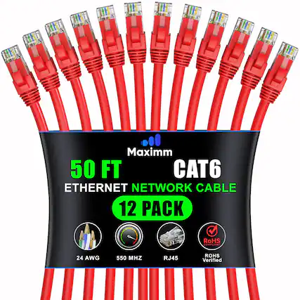 Maximm 50 FT CAT6 ETHERNET NETWORK CABLE 12 PACK
RoHS COMPLIANT
24 AWG
550 MHZ
RJ45
ROHS Verified