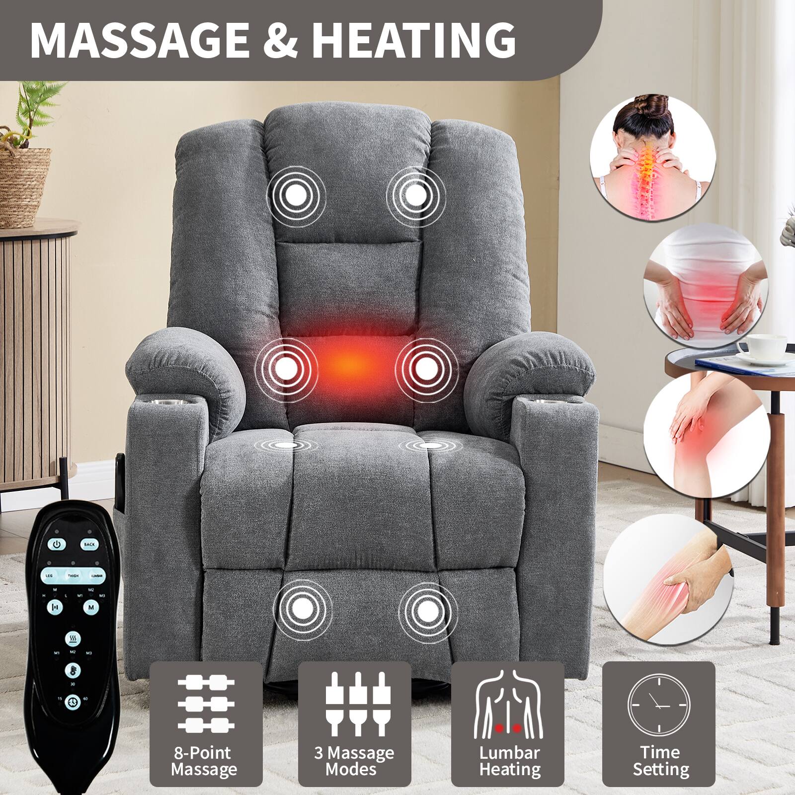 MASSAGE & HEATING

8-Point Massage  
3 Massage Modes  
Lumbar Heating  
Time Setting