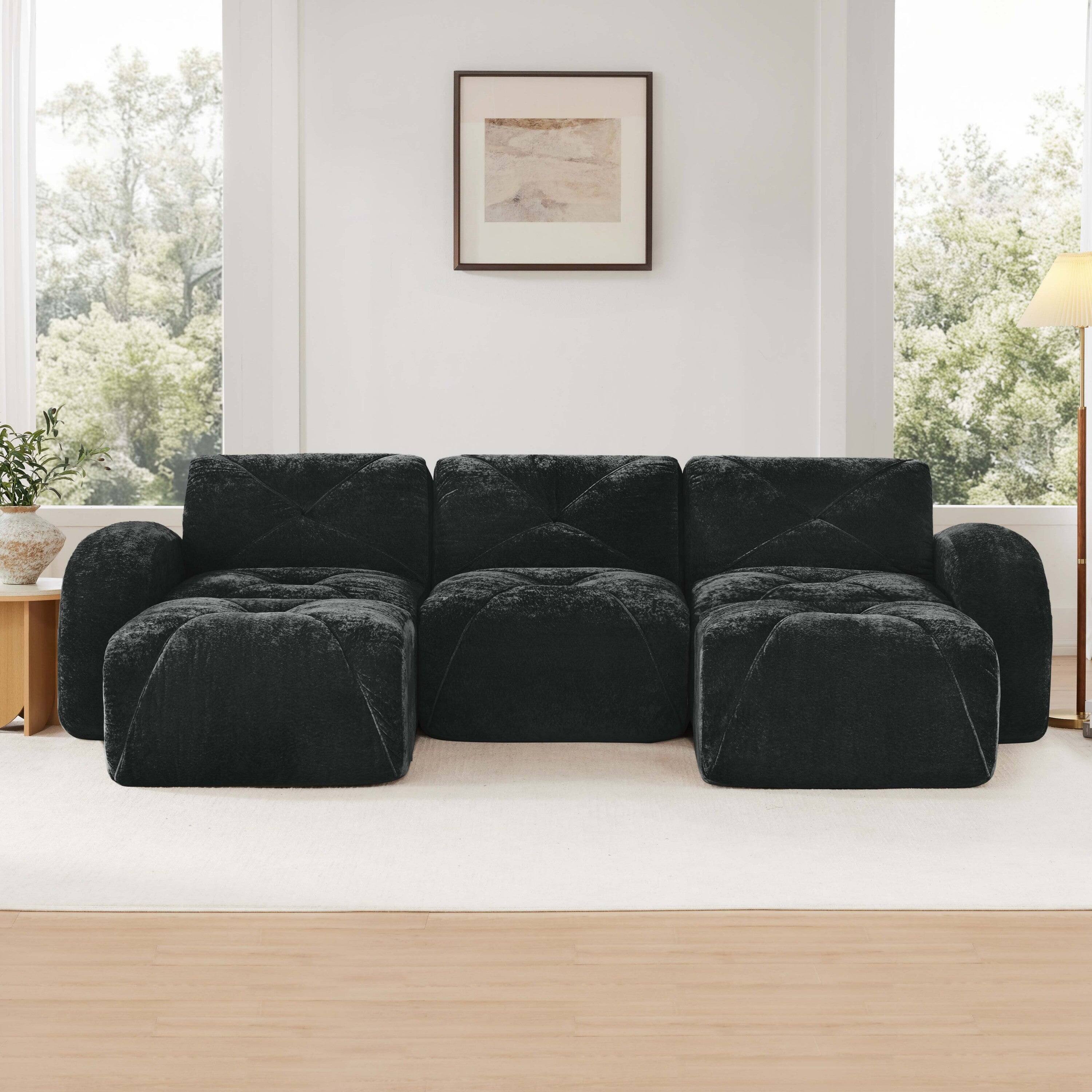 Alt View 1. Boyel Living - U Shaped Velvet Tufted Sofa Movable Ottomans 32D High Density Sponge Anti Slip Free Combo Study Theater Black - Black.
